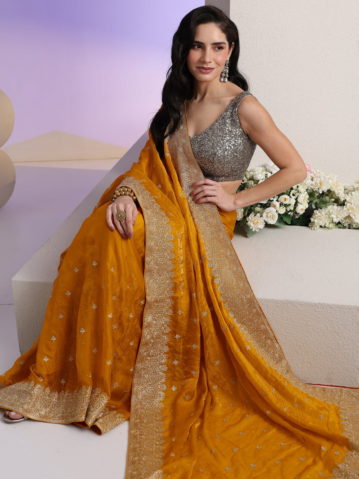 Anouk Mustard Embroidered Tissue Saree