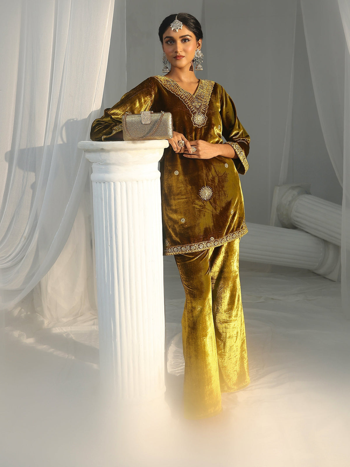 Anouk Mustard Emellished Velvet Co-Ord Set