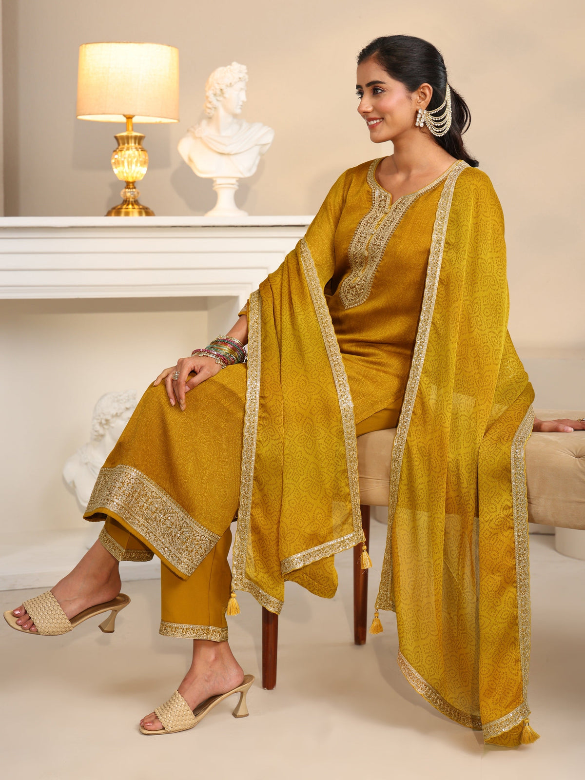 Anouk Mustard Floral Embellished Chinon Straight Suit Set