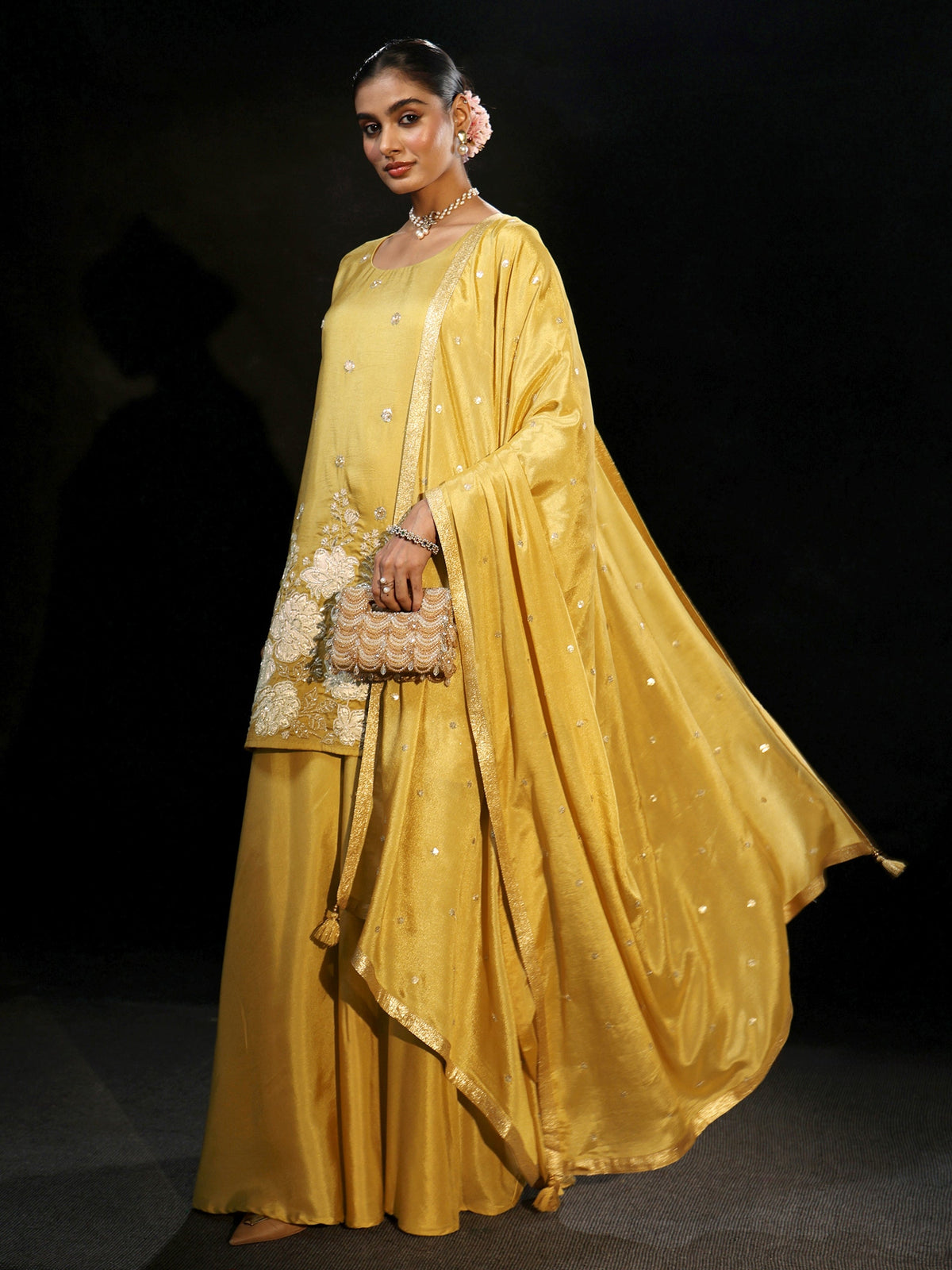 Anouk Mustard Floral Embellished Silk Blend Palazzo Suit Set