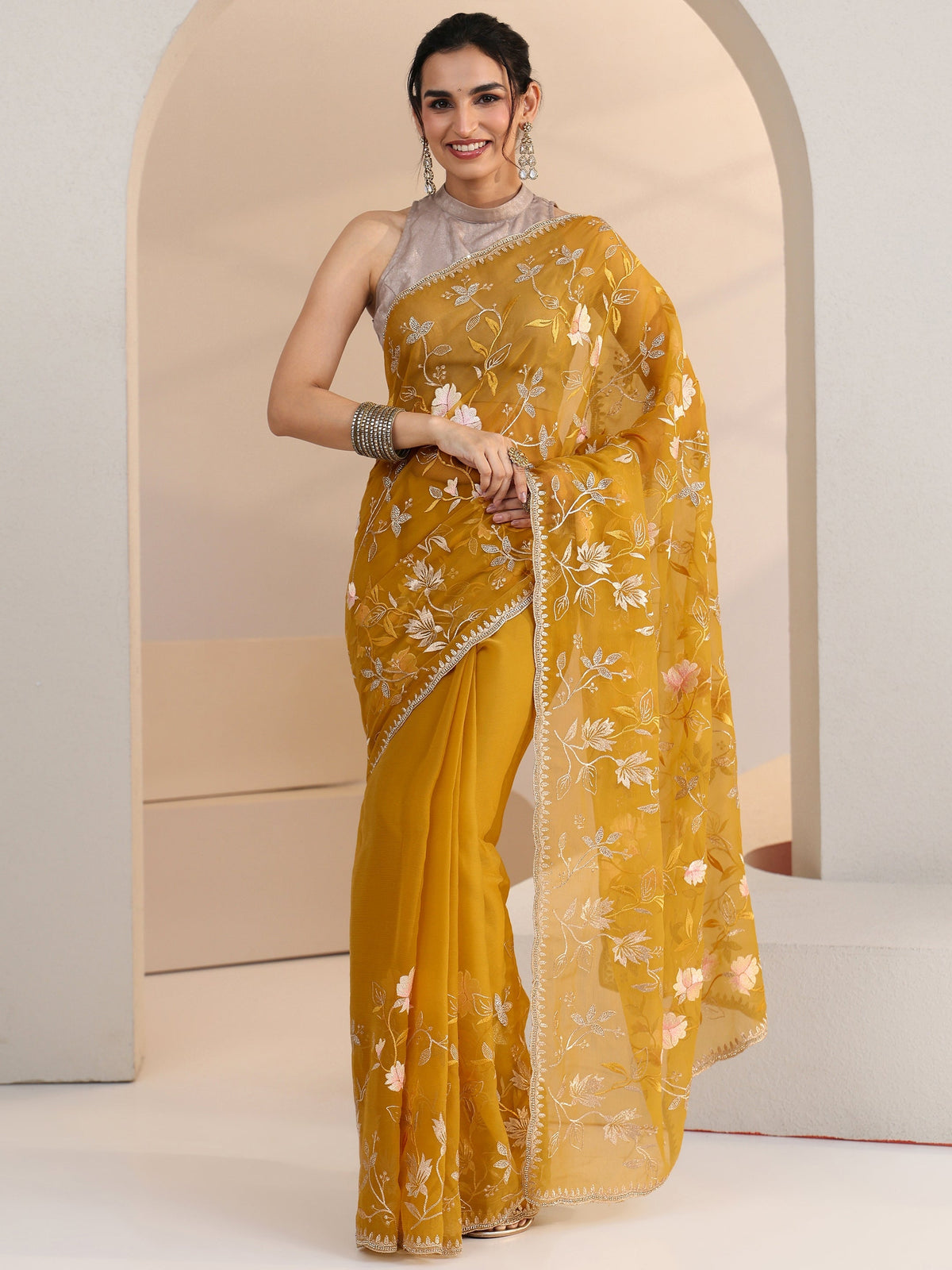 Anouk Mustard Floral Embroidered Chiffon Saree