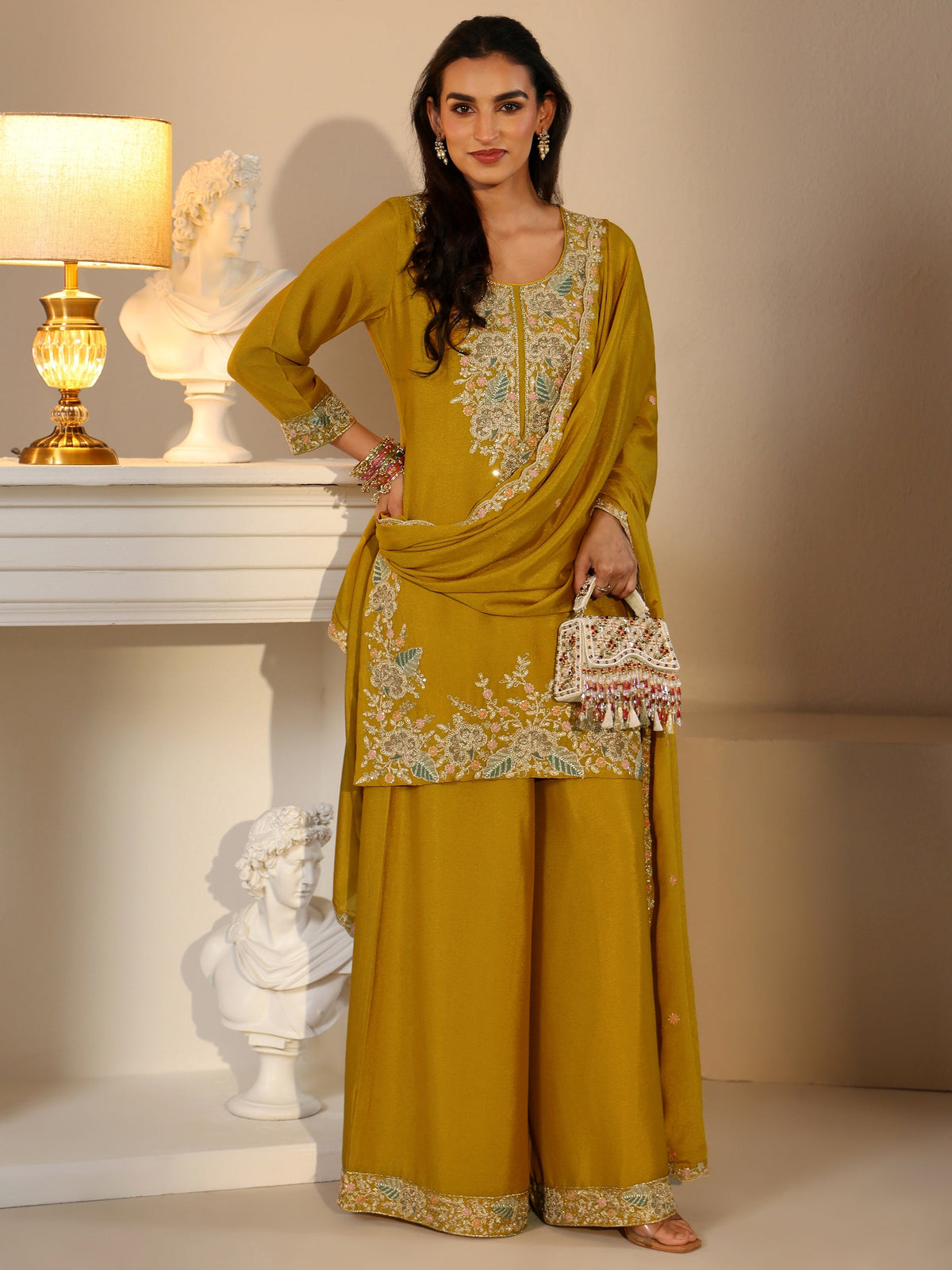 Anouk Mustard Floral Embroidered Chinon Straight Suit Set
