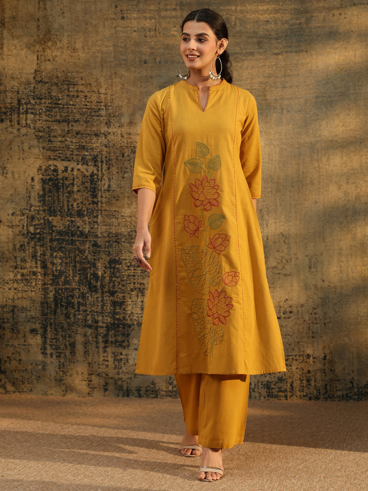Anouk Mustard Floral Embroidered Cotton Co-Ord Set