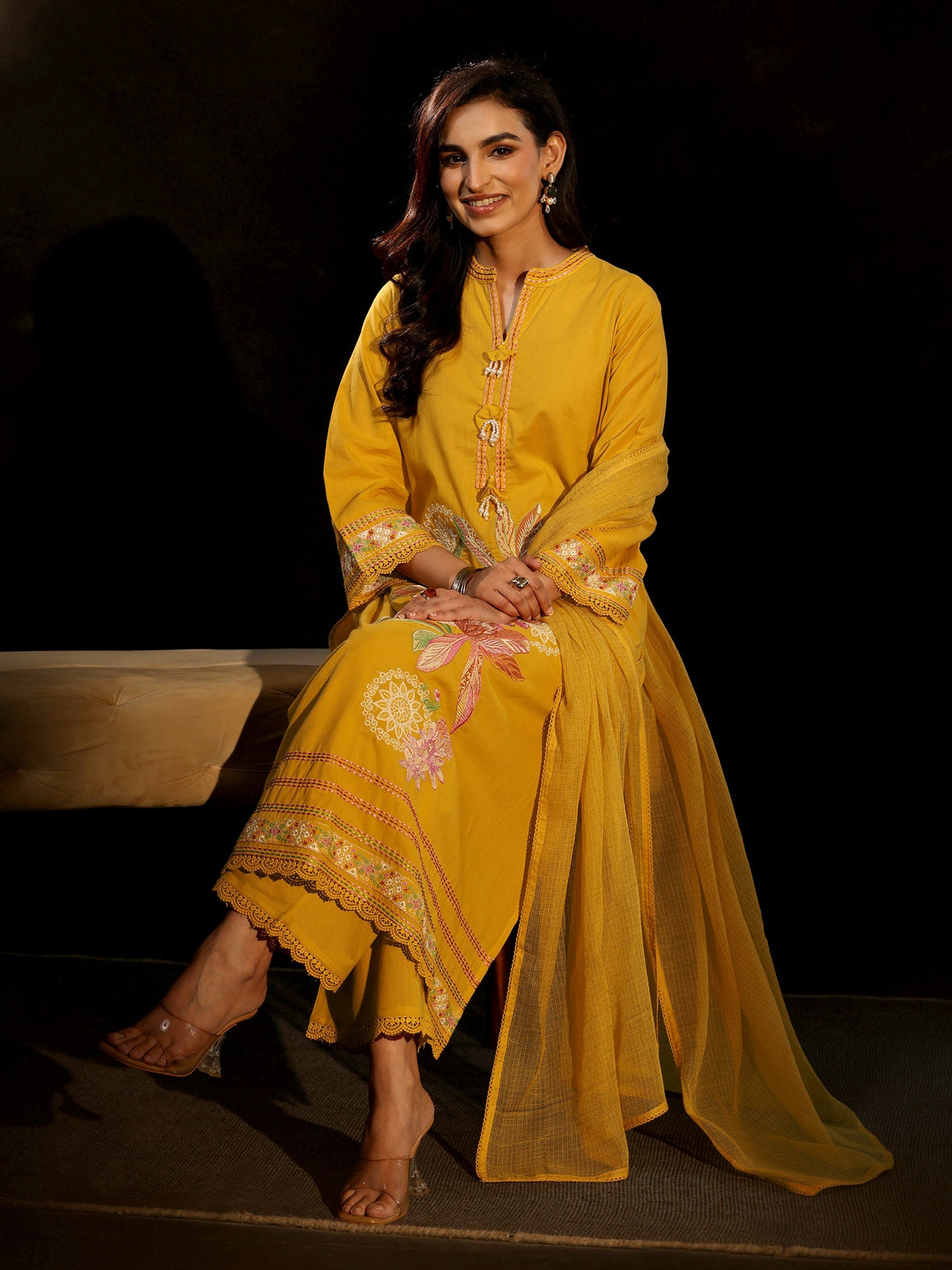 Anouk Mustard Floral Embroidered Cotton Straight Suit Set