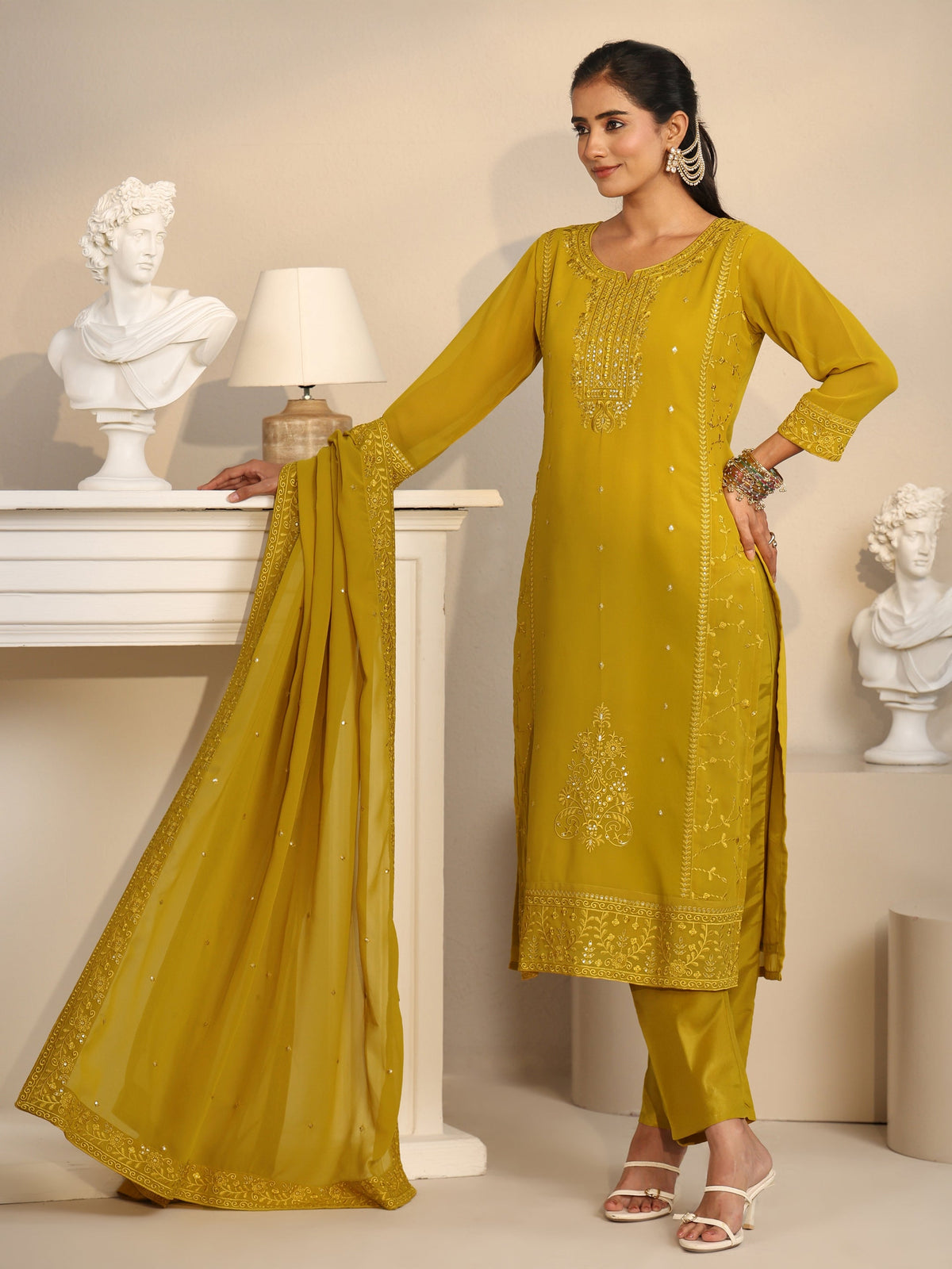 Anouk Mustard Floral Embroidered Georgette Straight Suit Set