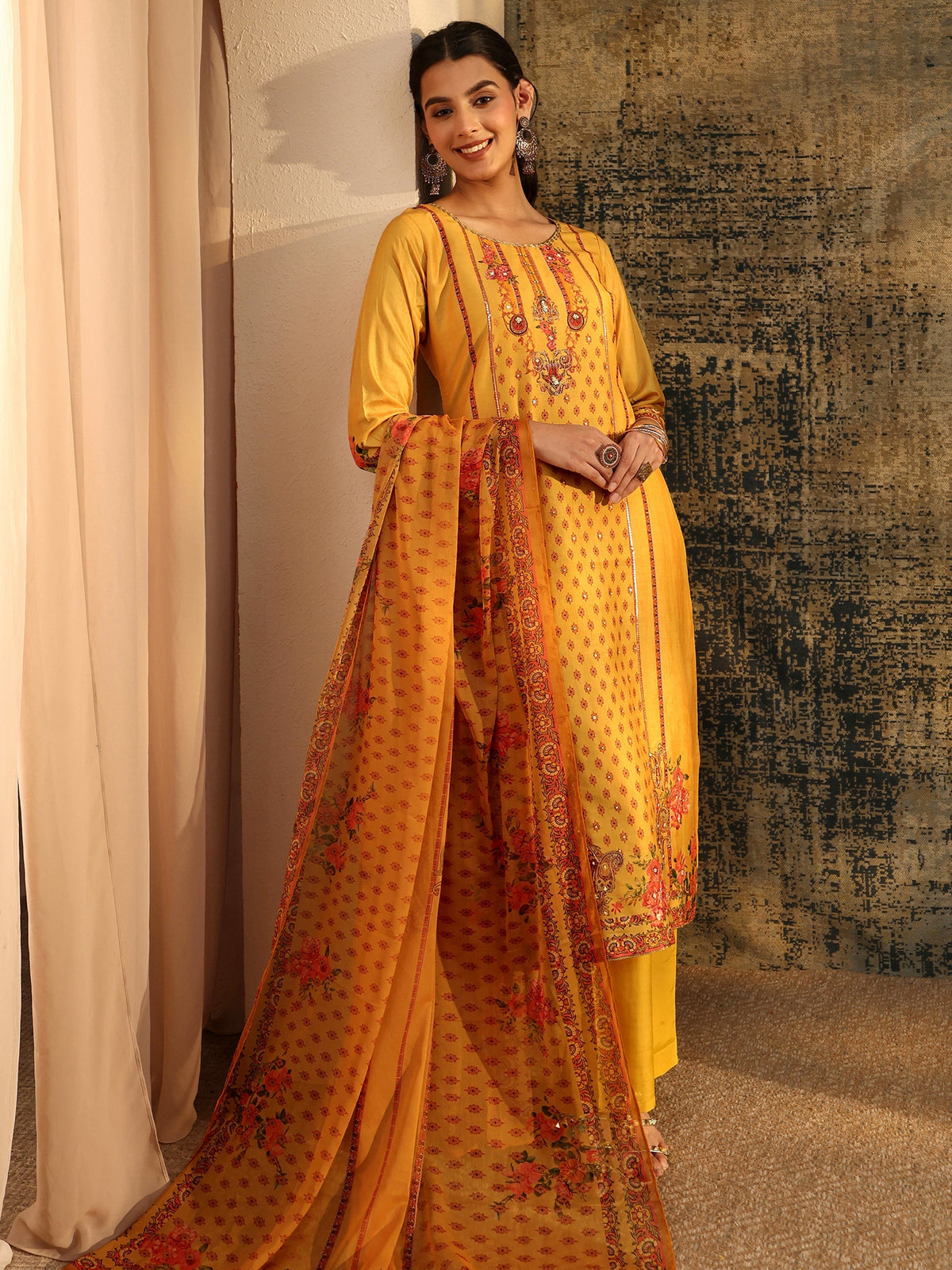 Anouk Mustard Floral Embroidered Silk Blend Straight Suit Set