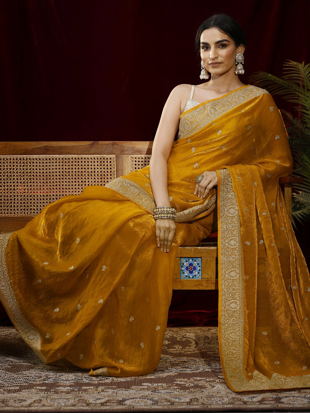 Anouk Mustard Floral Embroidered Tissue Saree