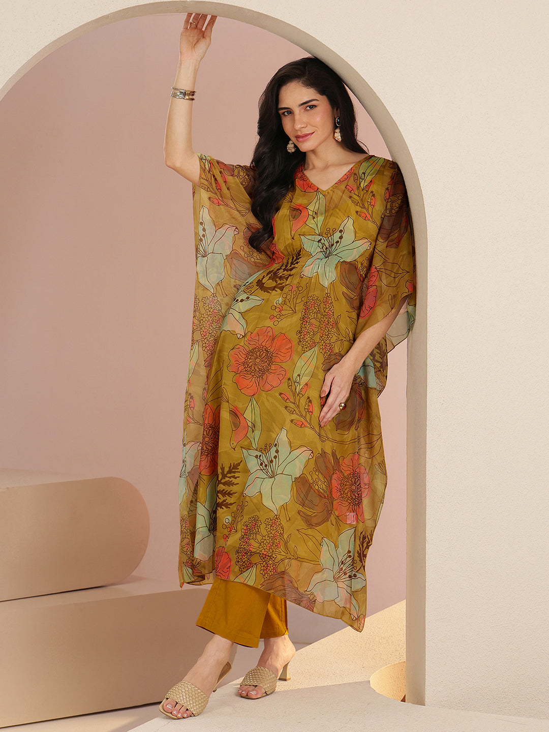 Anouk Mustard Floral Printed 3 Piece Chiffon Kaftan Kurta Set