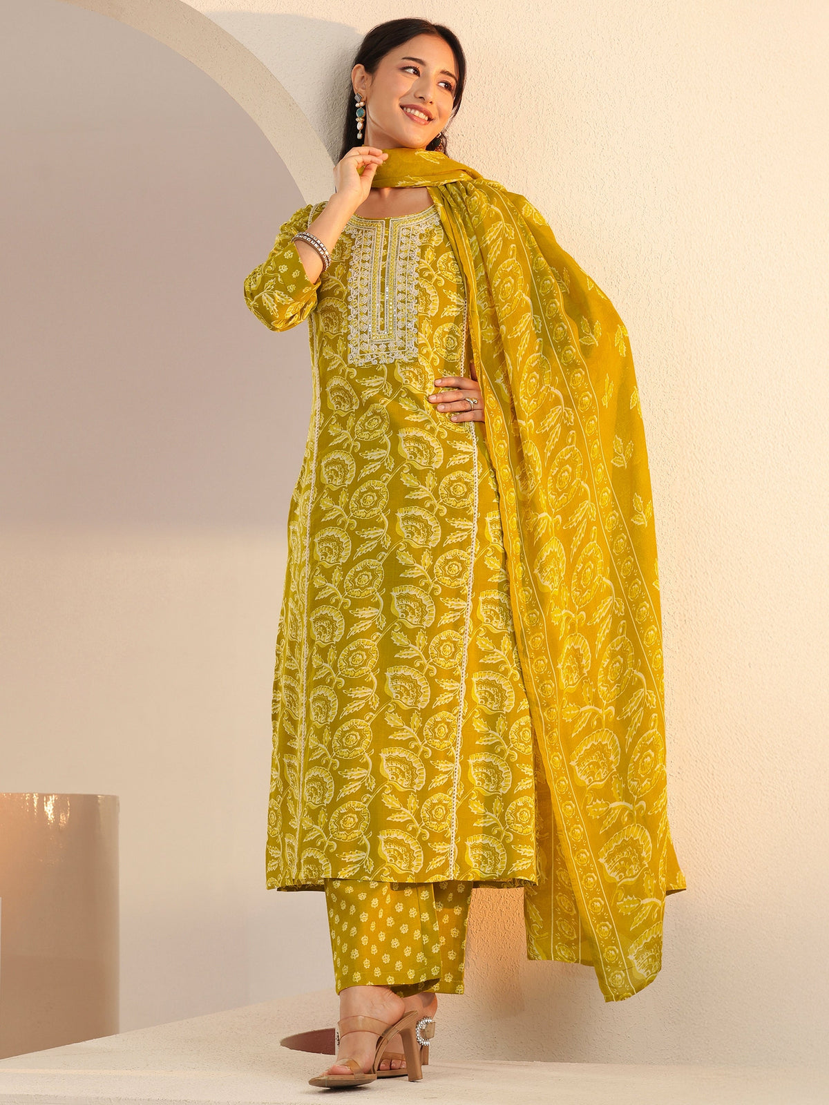 Anouk Mustard Floral Printed Cotton Straight Suit Set