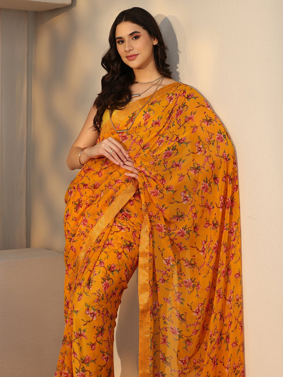 Anouk Mustard Floral Printed Georgette Saree