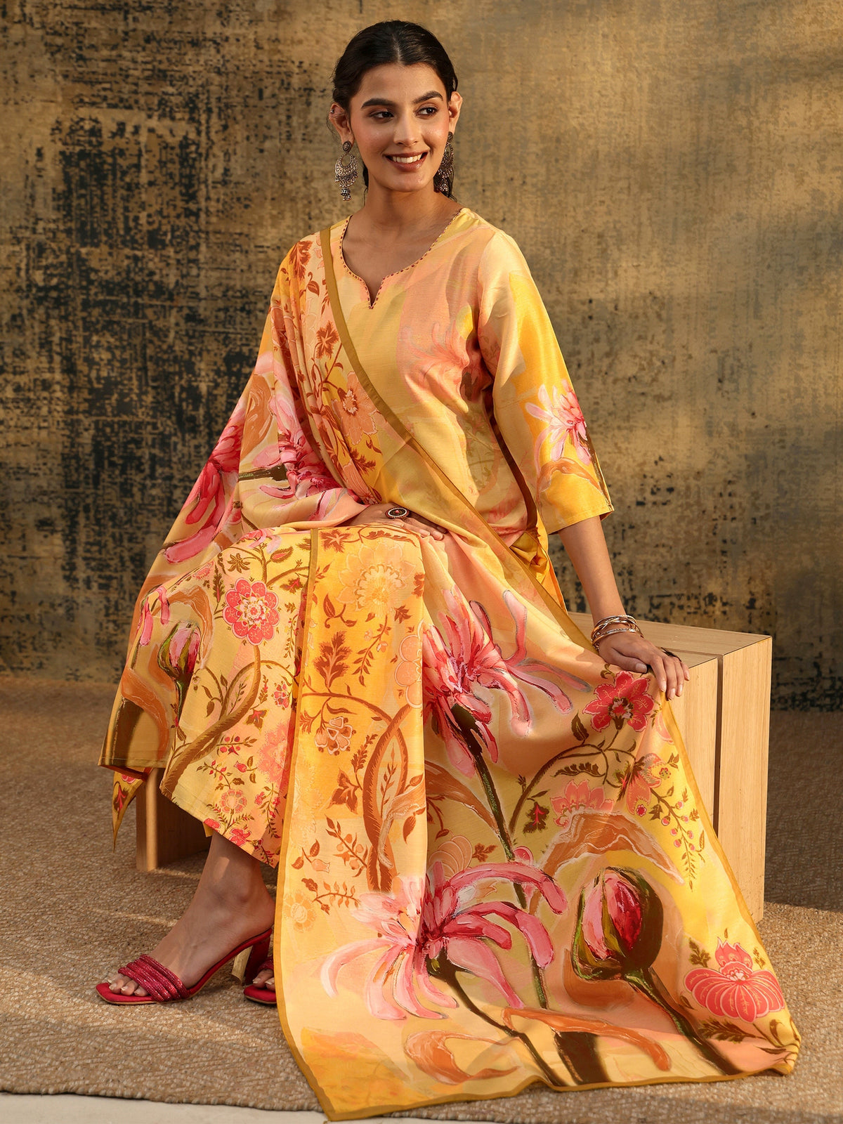 Anouk Mustard Floral Printed Muslin Straight Suit Set