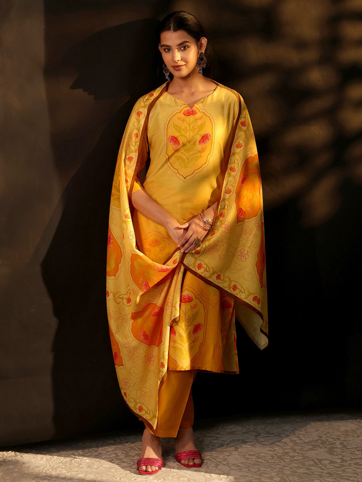 Anouk Mustard Floral Printed Muslin Straight Suit Set