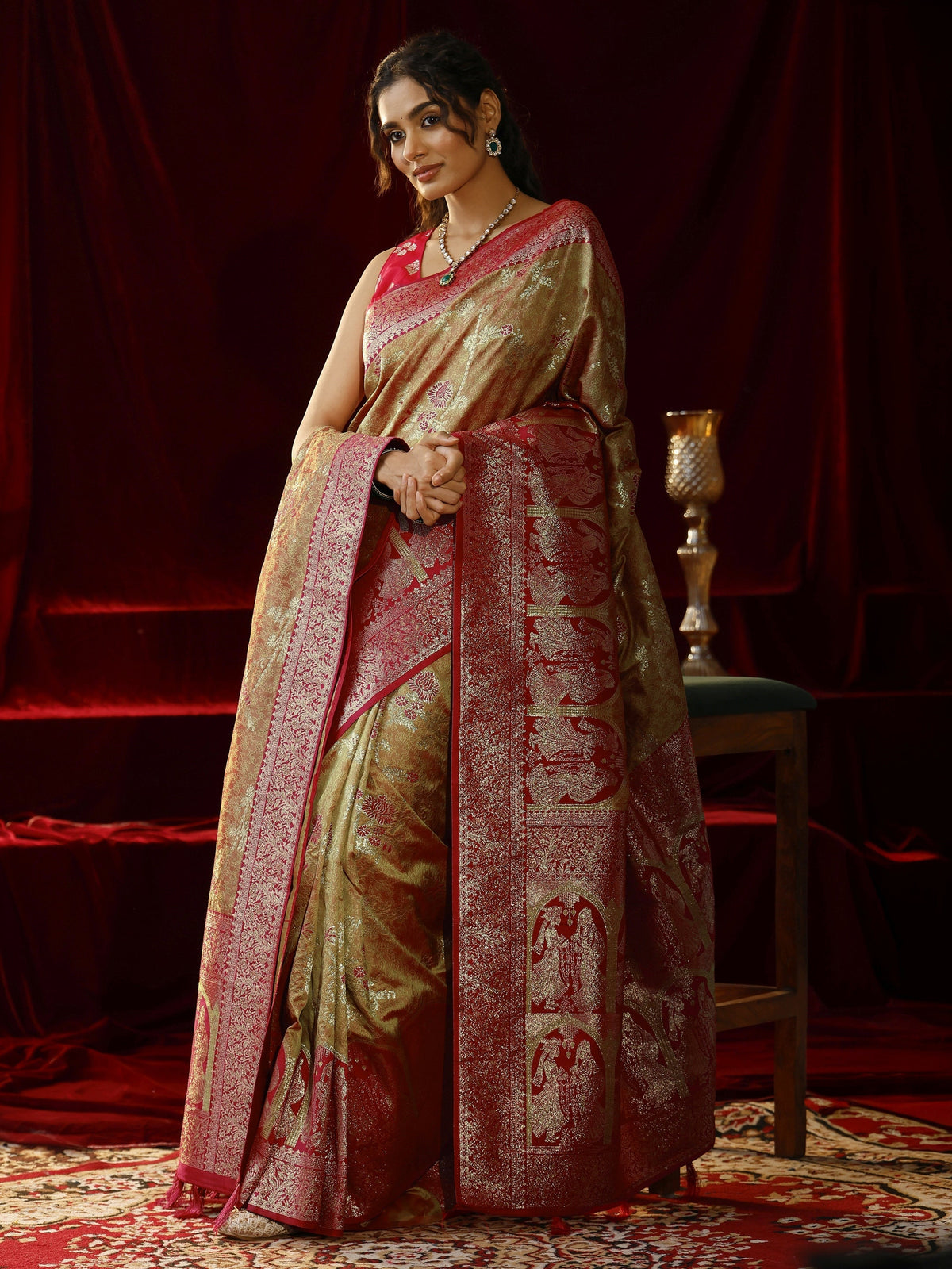 Anouk Mustard Floral Woven Design Silk blend Saree with dupatta
