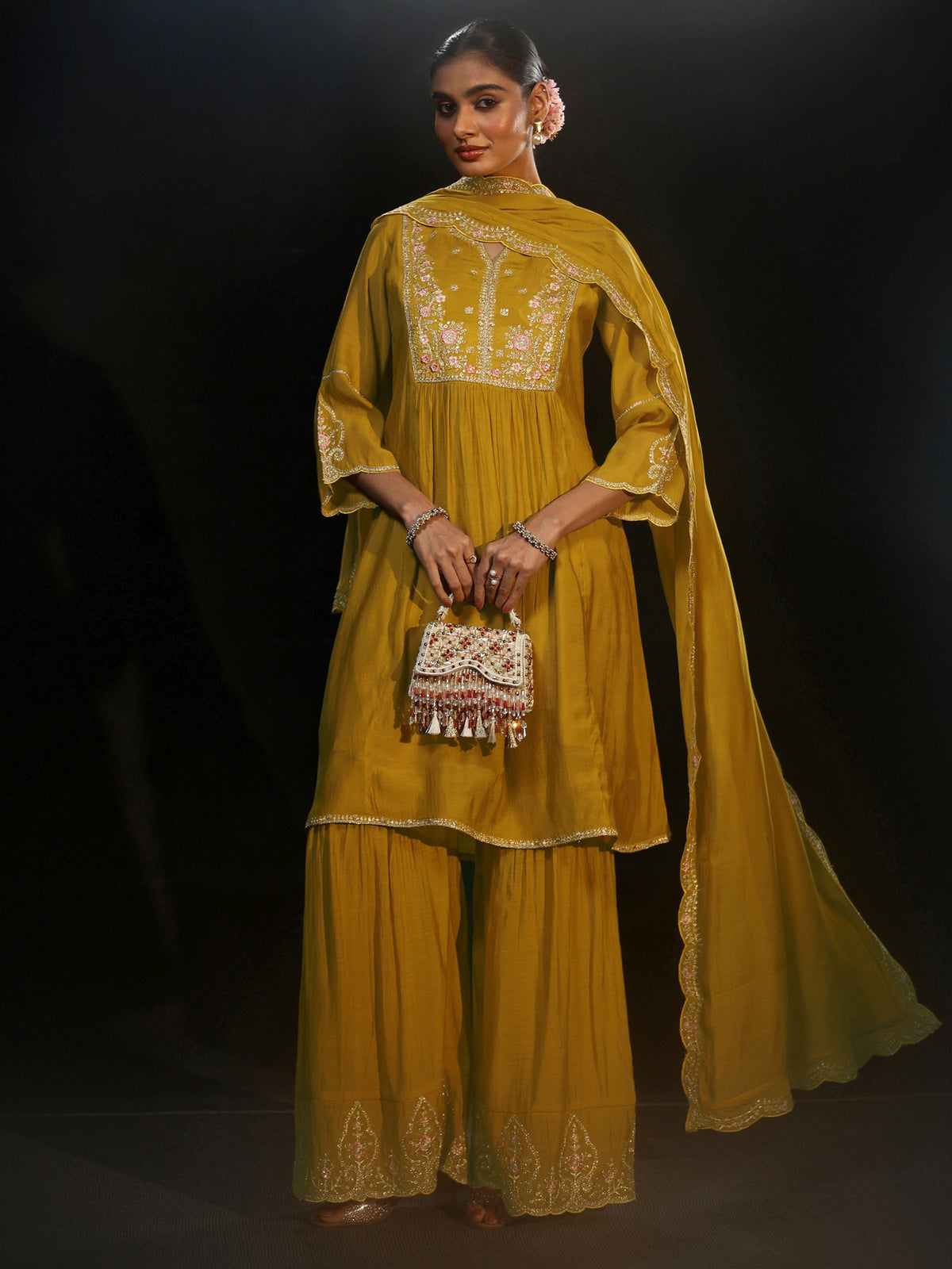 Anouk Mustard Floral Yoke Chanderi Cotton Sharara Suit Set