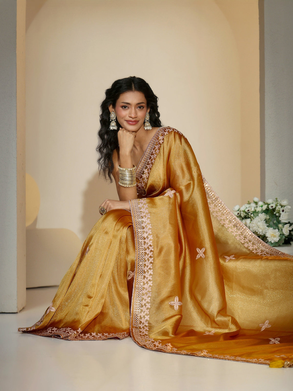 Anouk Mustard Mirror Work Embellished Tissue Saree