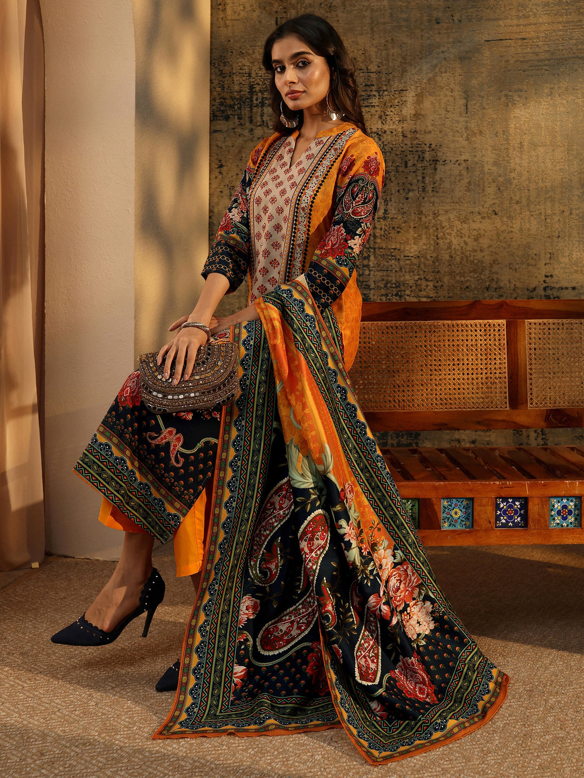Anouk Mustard Multi Print Straight Muslin Suit Set