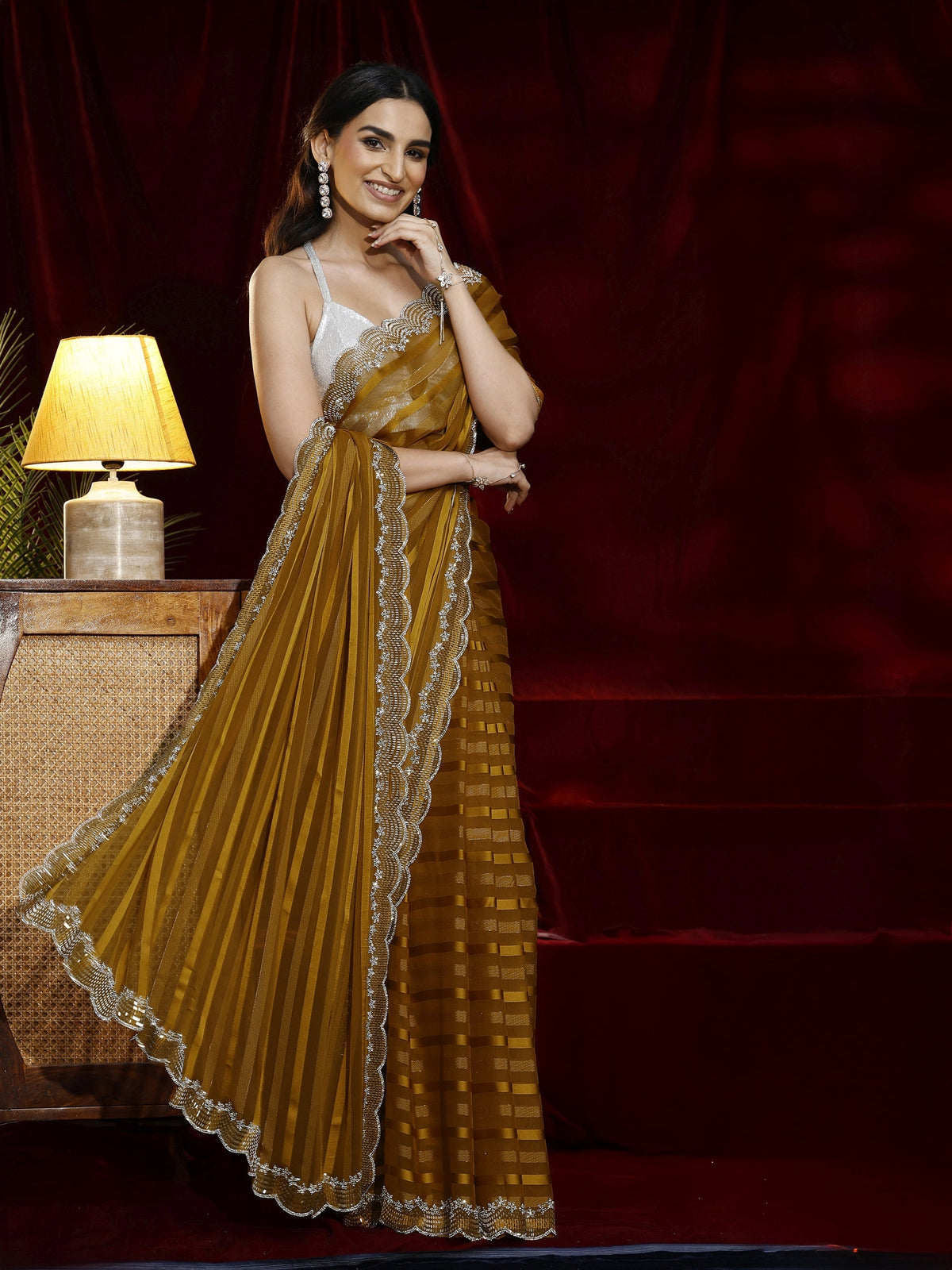 Anouk Mustard Striped Net Saree