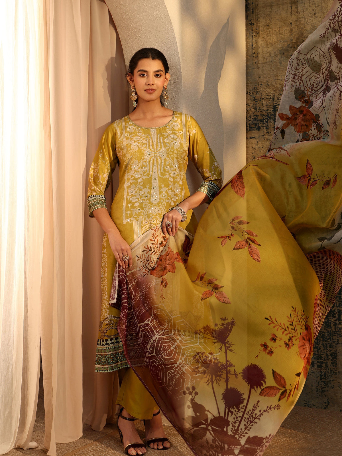 Anouk Mustard Yellow Floral Printed Silk Blend Straight Suit Set