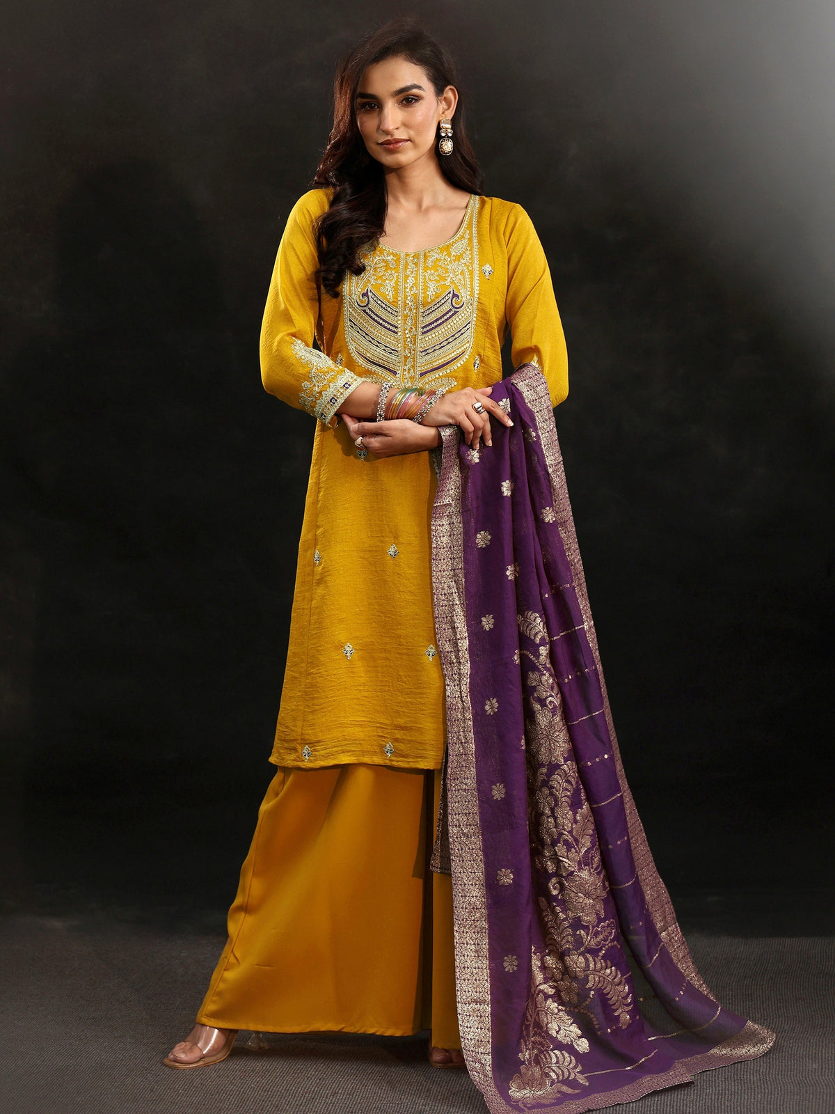 Anouk Mustard Yoke Design Silk Blend Palazzo Suit Set