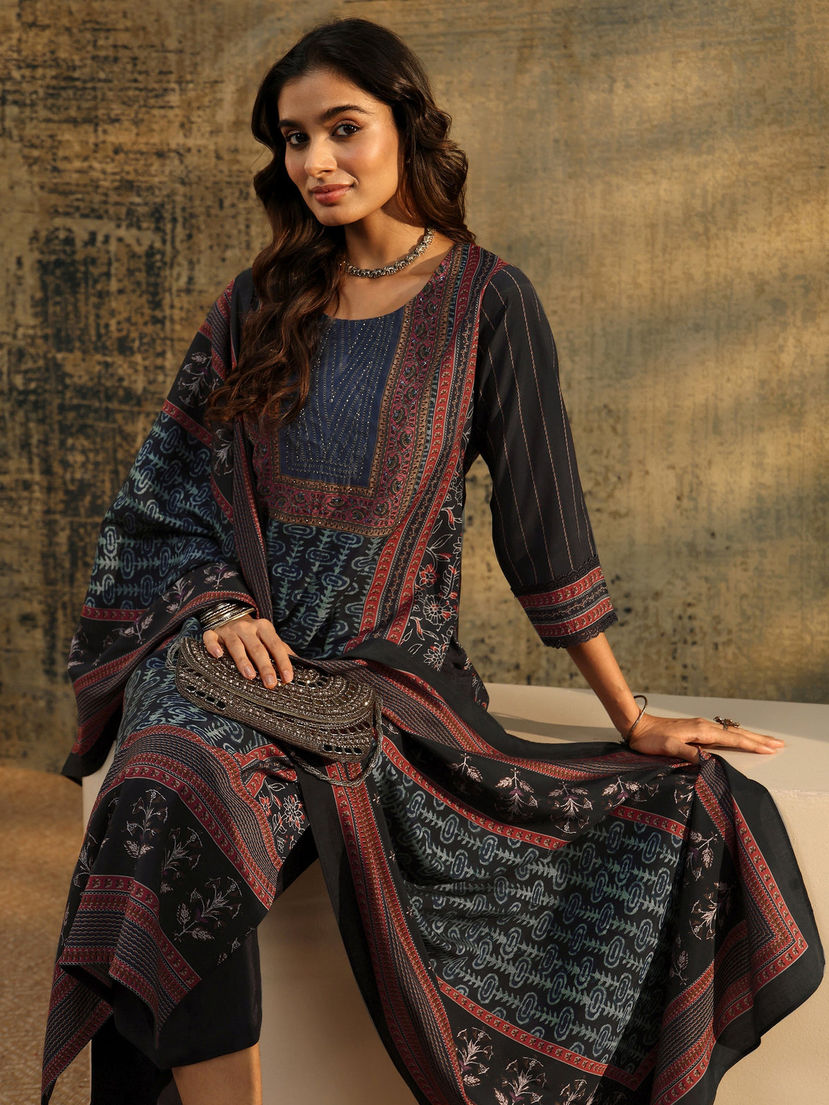 Anouk Navy Blue Ajrakh Silk Blend Straight Suit Set
