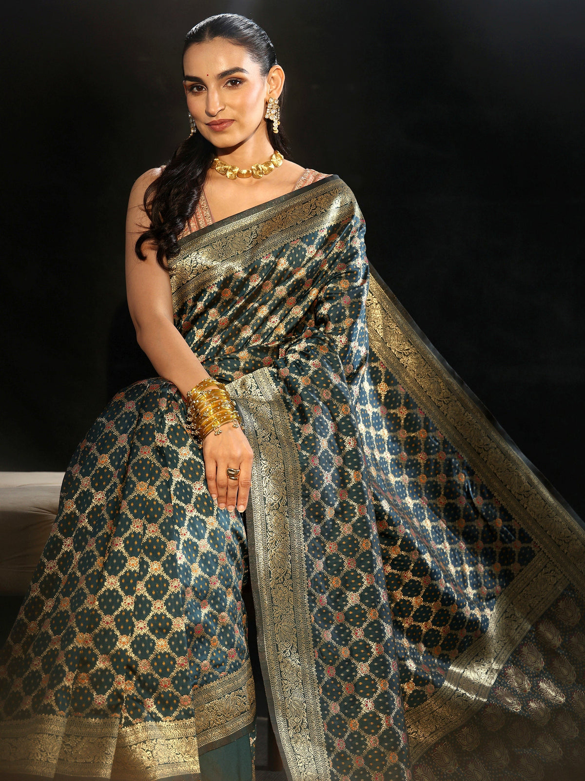 Anouk Navy Blue Banarasi Silk Blend Saree