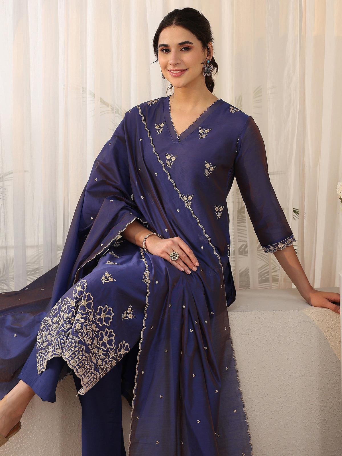 Anouk Navy Blue Floral Embroidered Chanderi Silk Straight Suit Set