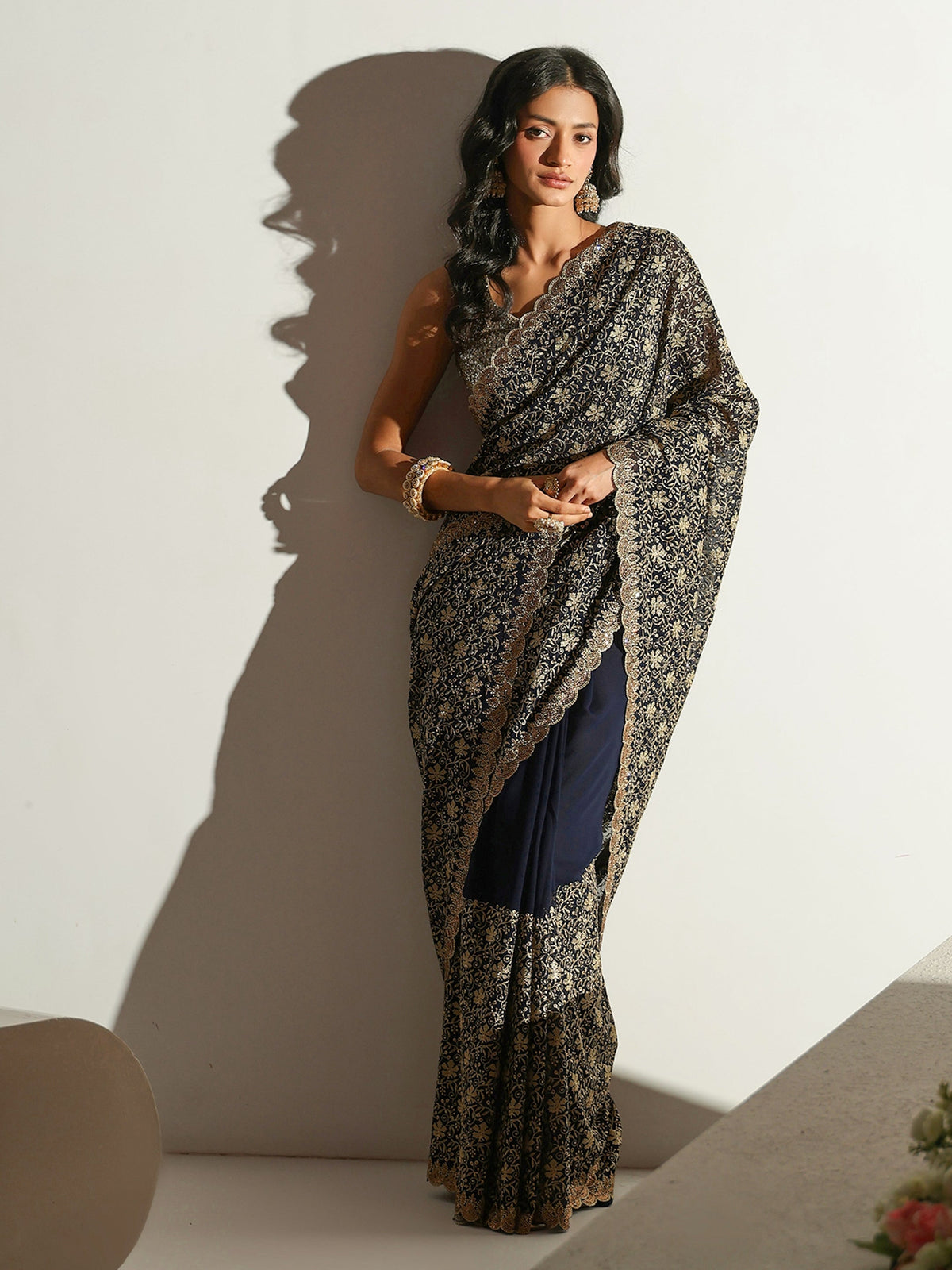 Anouk Navy Blue Floral Embroidered Georgette Saree