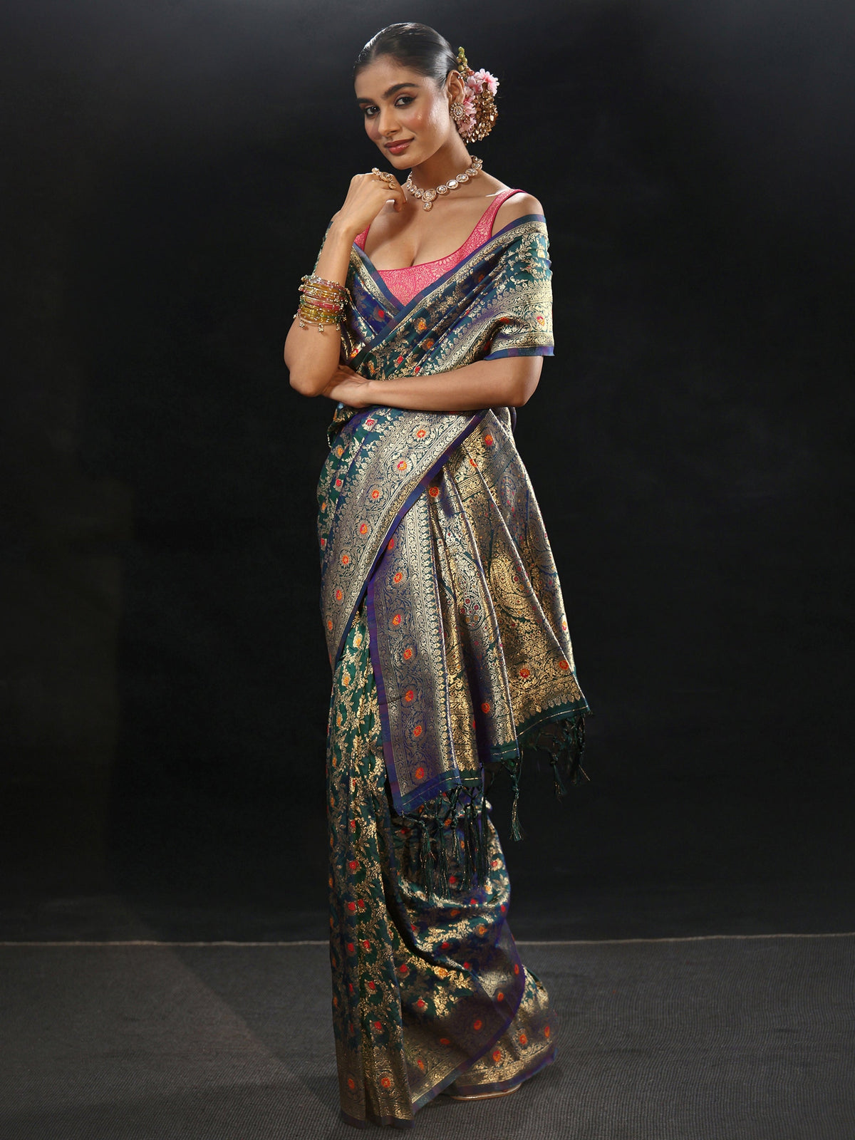 Anouk Navy Blue Meenakari Banarasi Silk Blend Saree