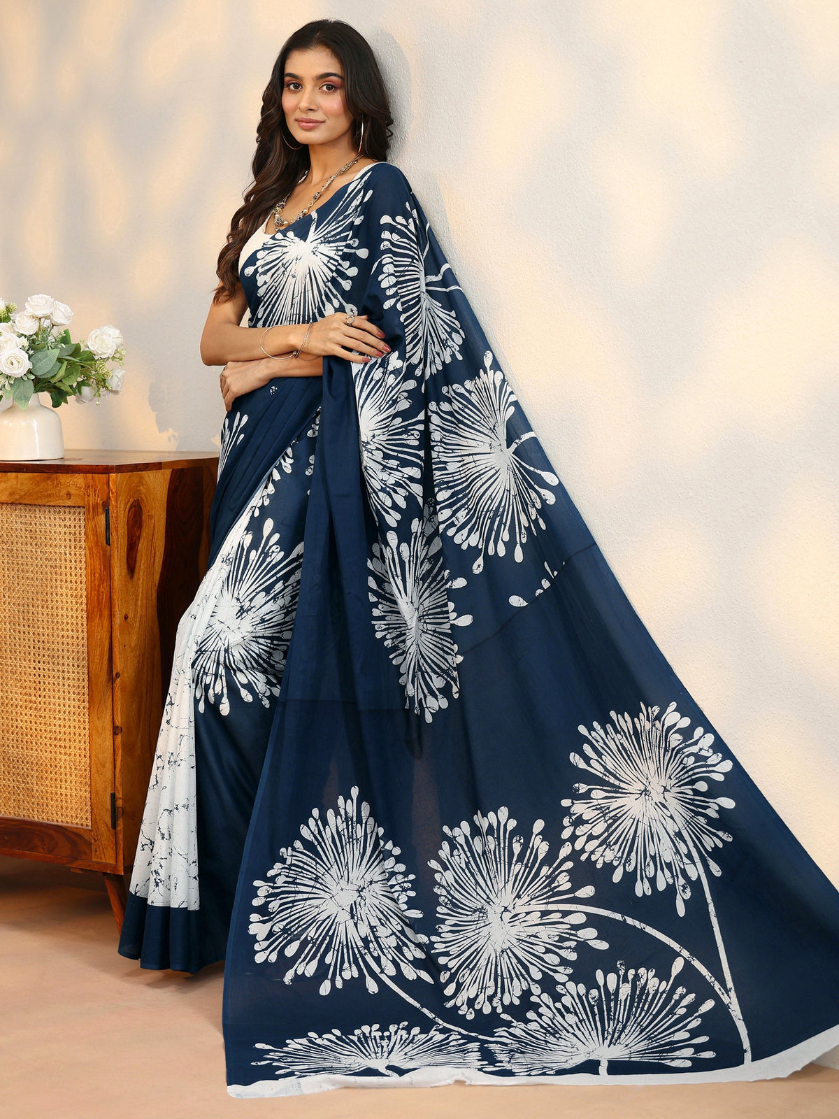 Anouk Navy Blue Screen Printed Cotton Saree