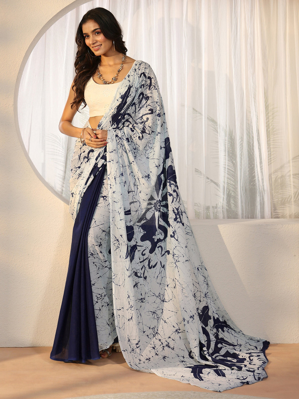 Anouk Navy Blue Screen Printed Saree