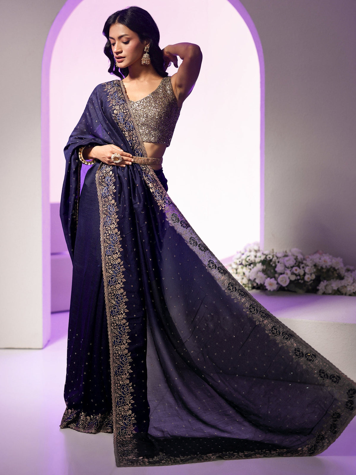 Anouk Navy Blue Stone Work Embelllished Silk Blend Saree