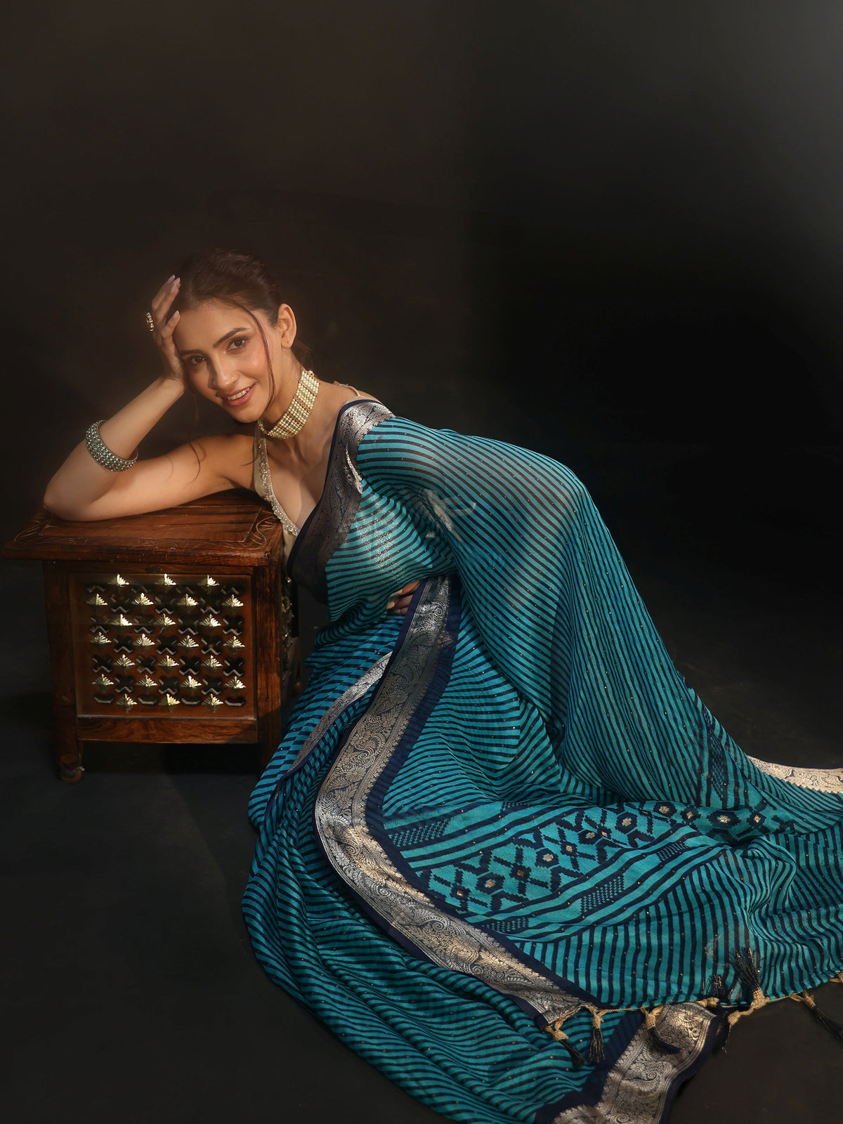 Anouk Navy Blue Striped Chiffon Saree with Paisley Border