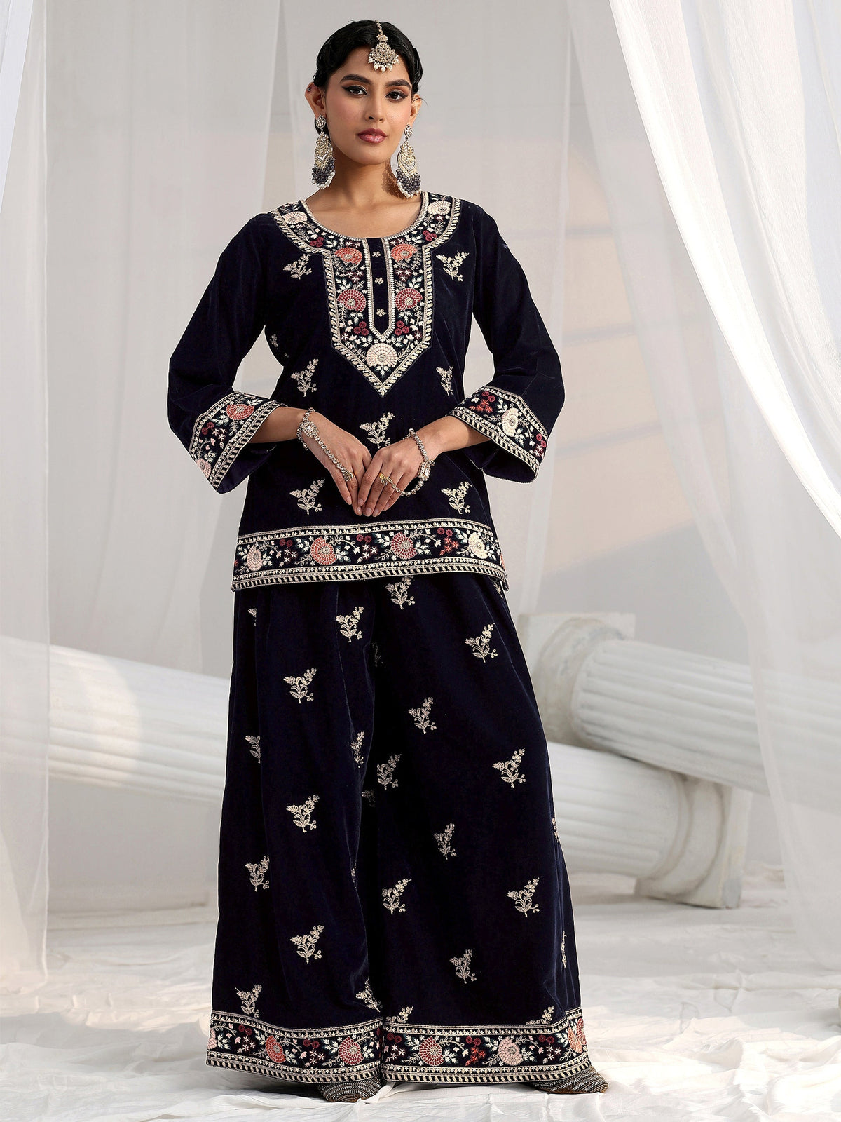 Anouk Navy Blue Yoke Embroidered Design Velvet Co-Ord Set