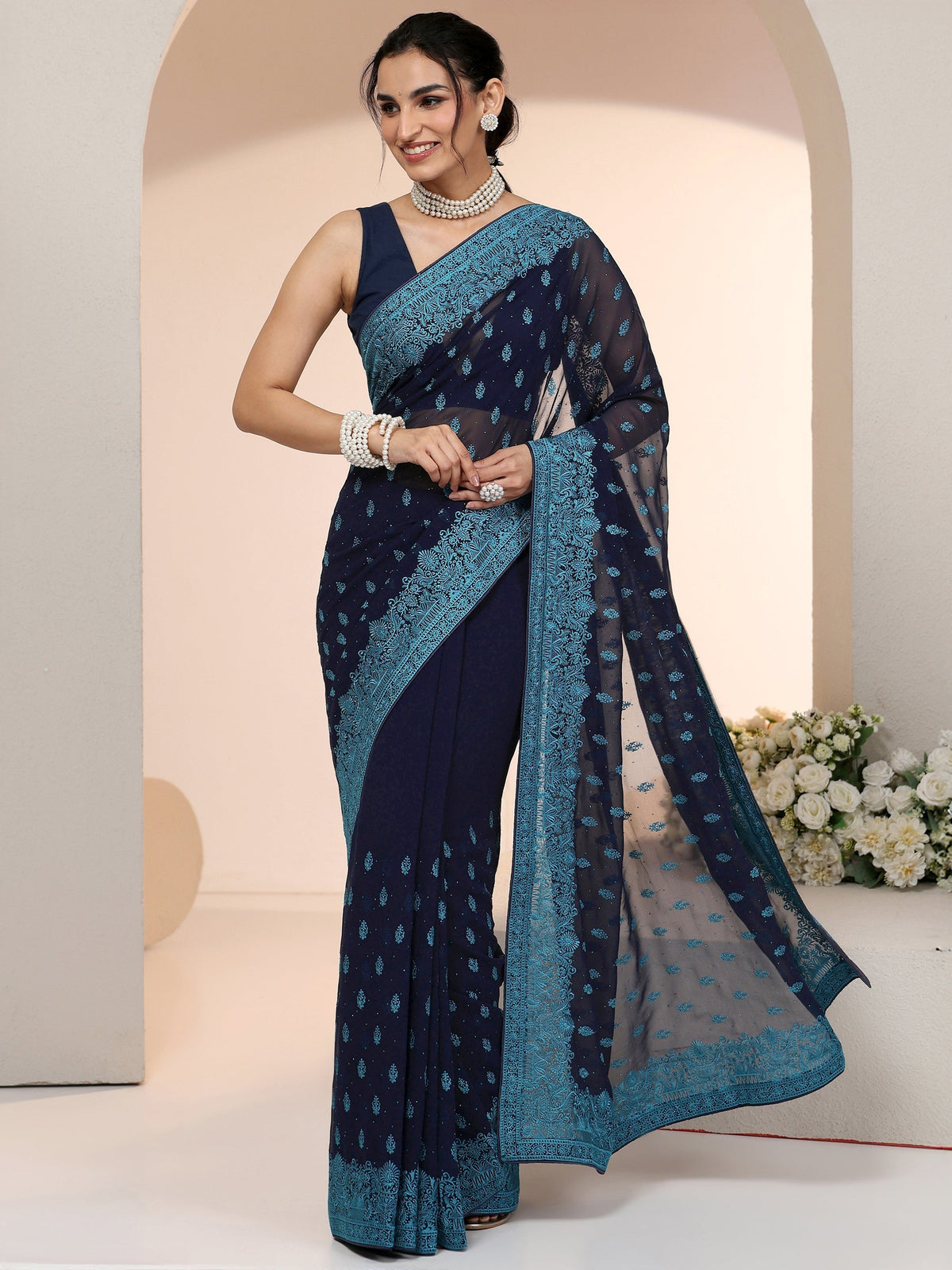 Anouk Navy Embroidered Georgette Saree with Ethnic Motifs