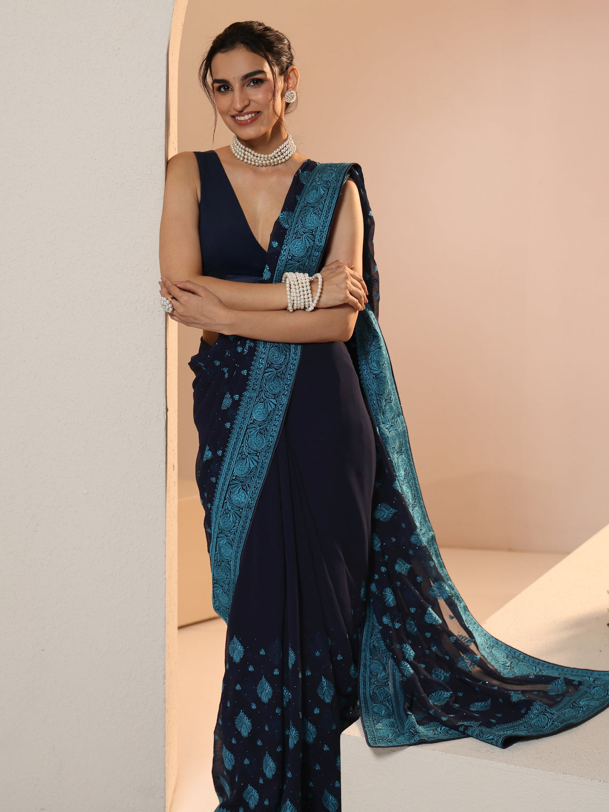 Anouk Navy Georgette Saree with Embroidered Border