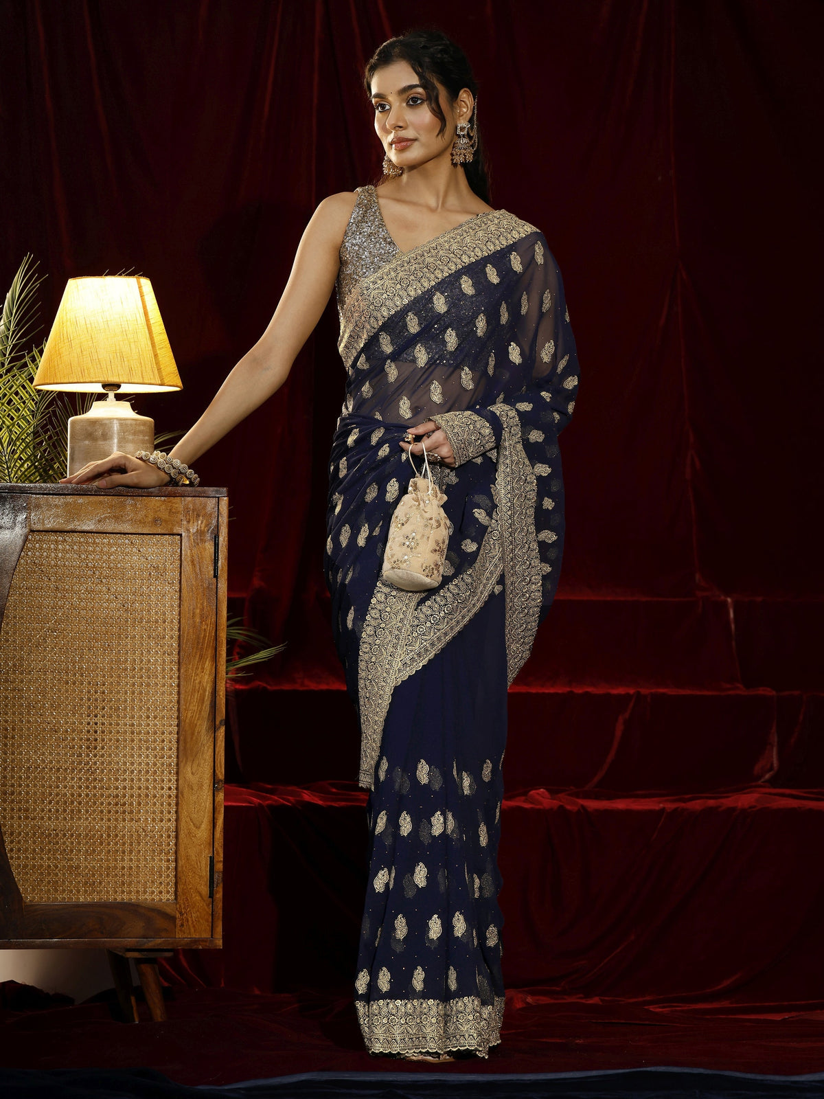 Anouk Navy blue Embroidered Georgette Saree