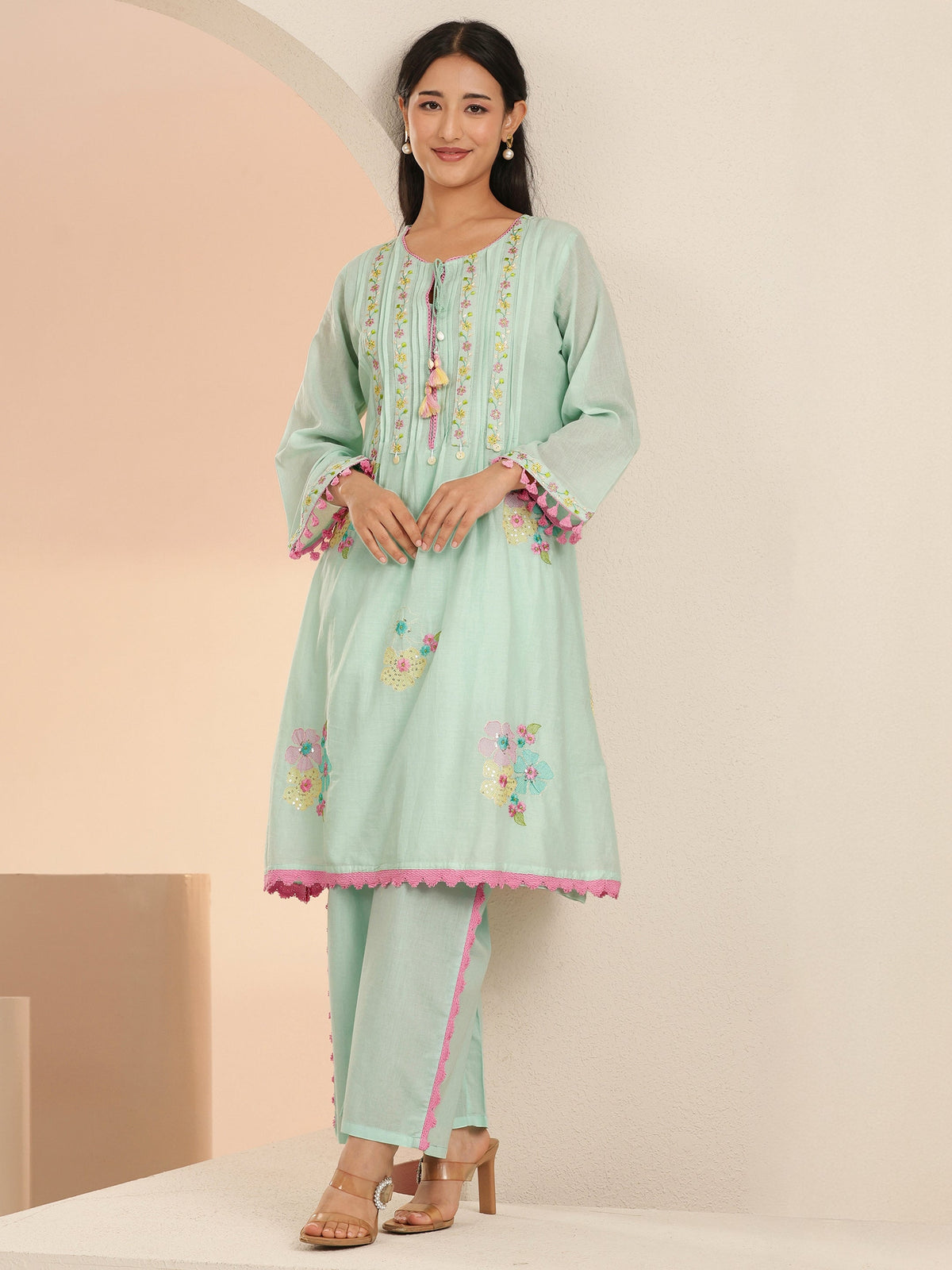 Anouk Ocean Blue Floral Embroidered Cotton A-Line Kurta Set