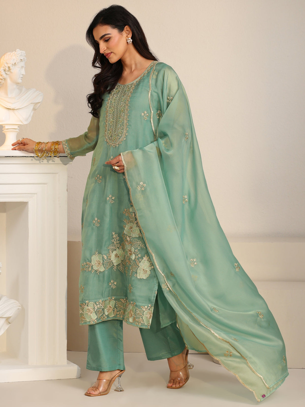 Anouk Ocean Blue Floral Embroidered Organza Straight Suit Set