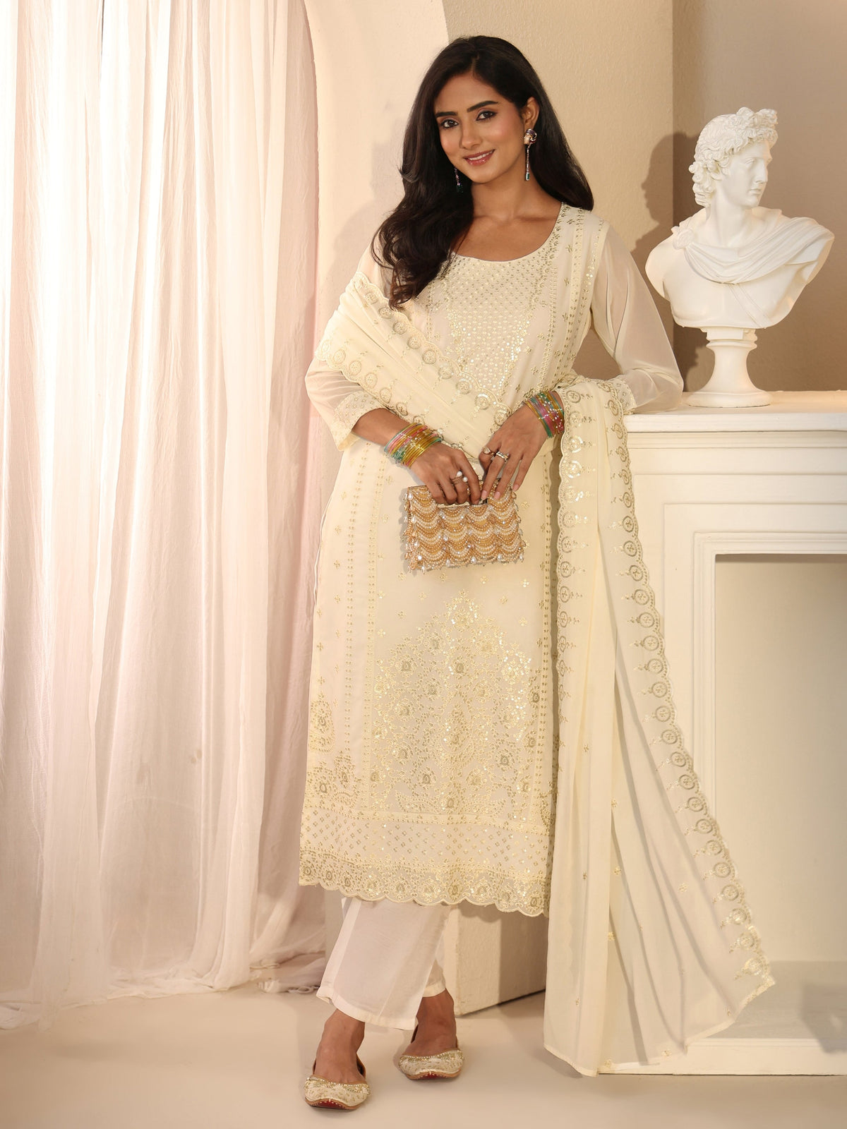 Anouk Off White Embroidered Georgette Straight Suit Set