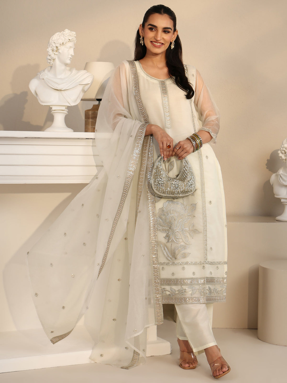 Anouk Off White Floral Embellished Organza Straight Suit Set