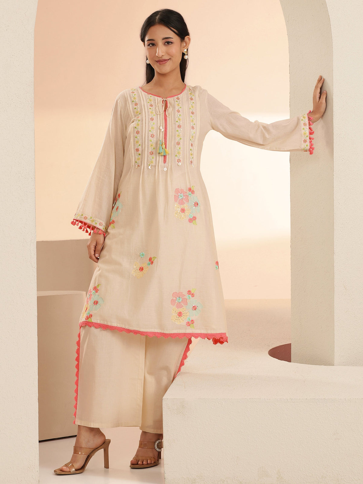 Anouk Off White Floral Embroidered Cotton A-Line Kurta Set
