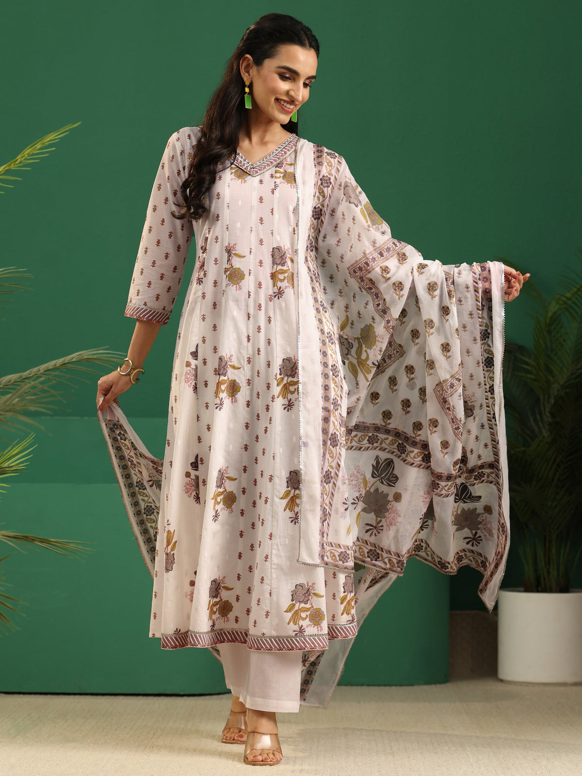 Anouk Off White Floral Printed Cotton Anarkali Suit Set