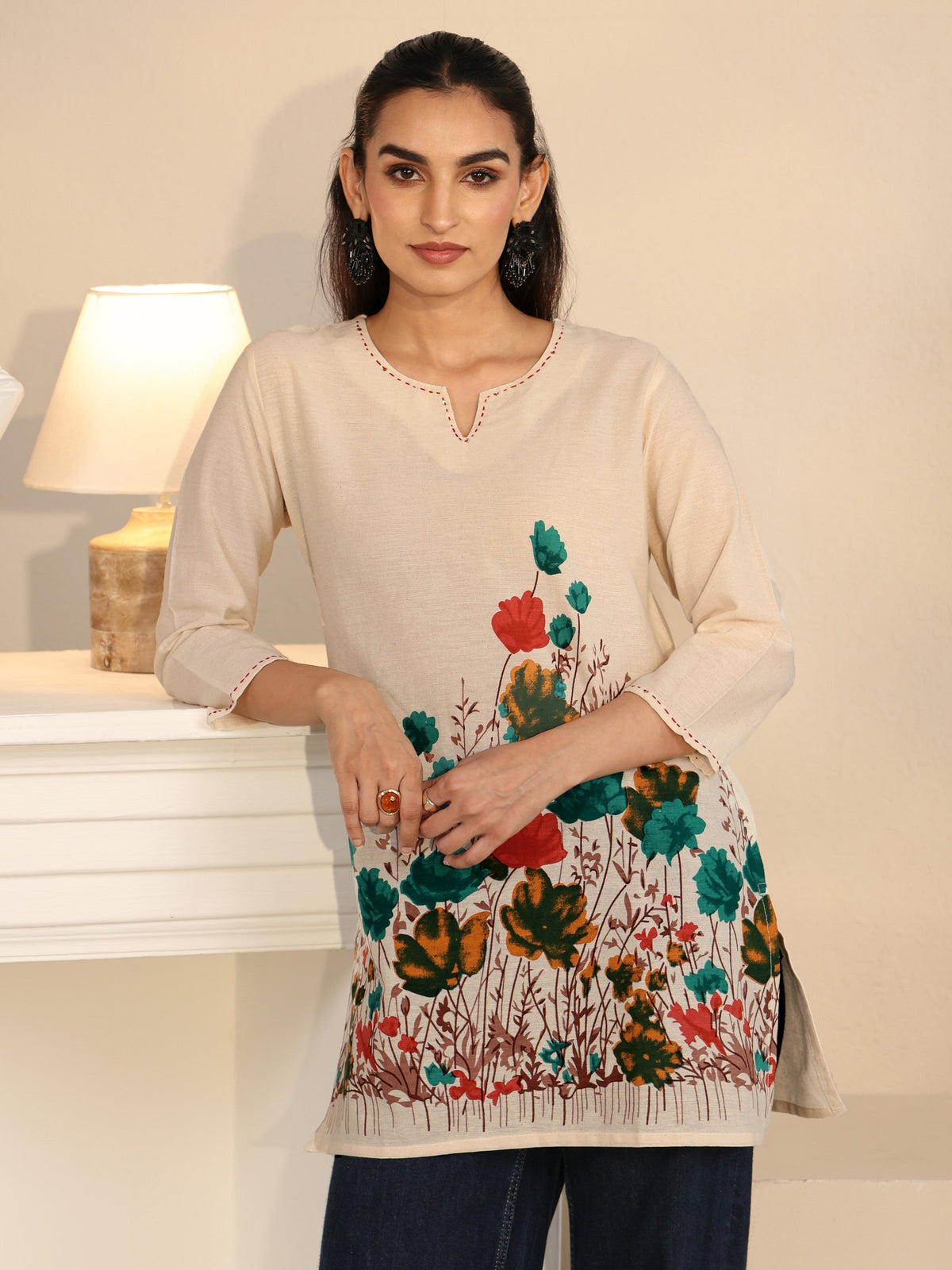 Anouk Off White Floral Printed Cotton Blend Short Kurti