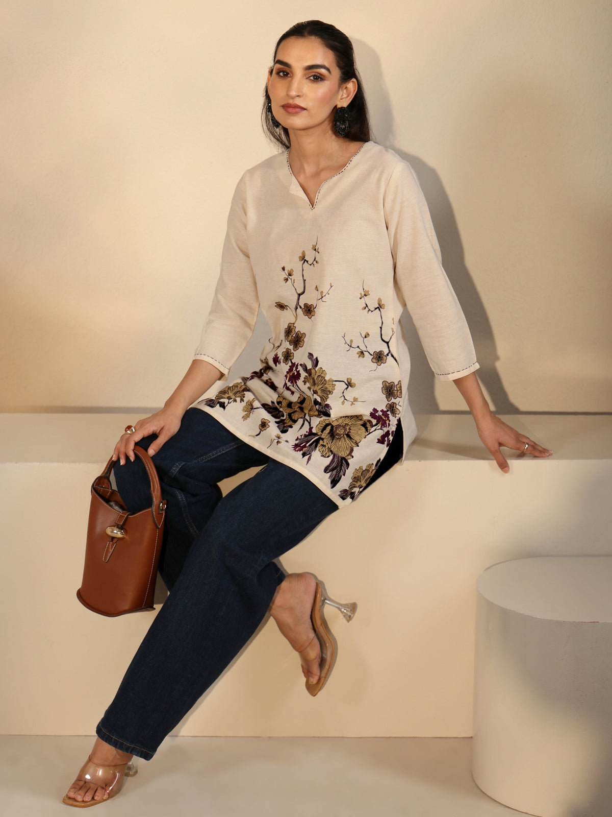Anouk Off White Floral Printed Cotton Blend Short Kurti