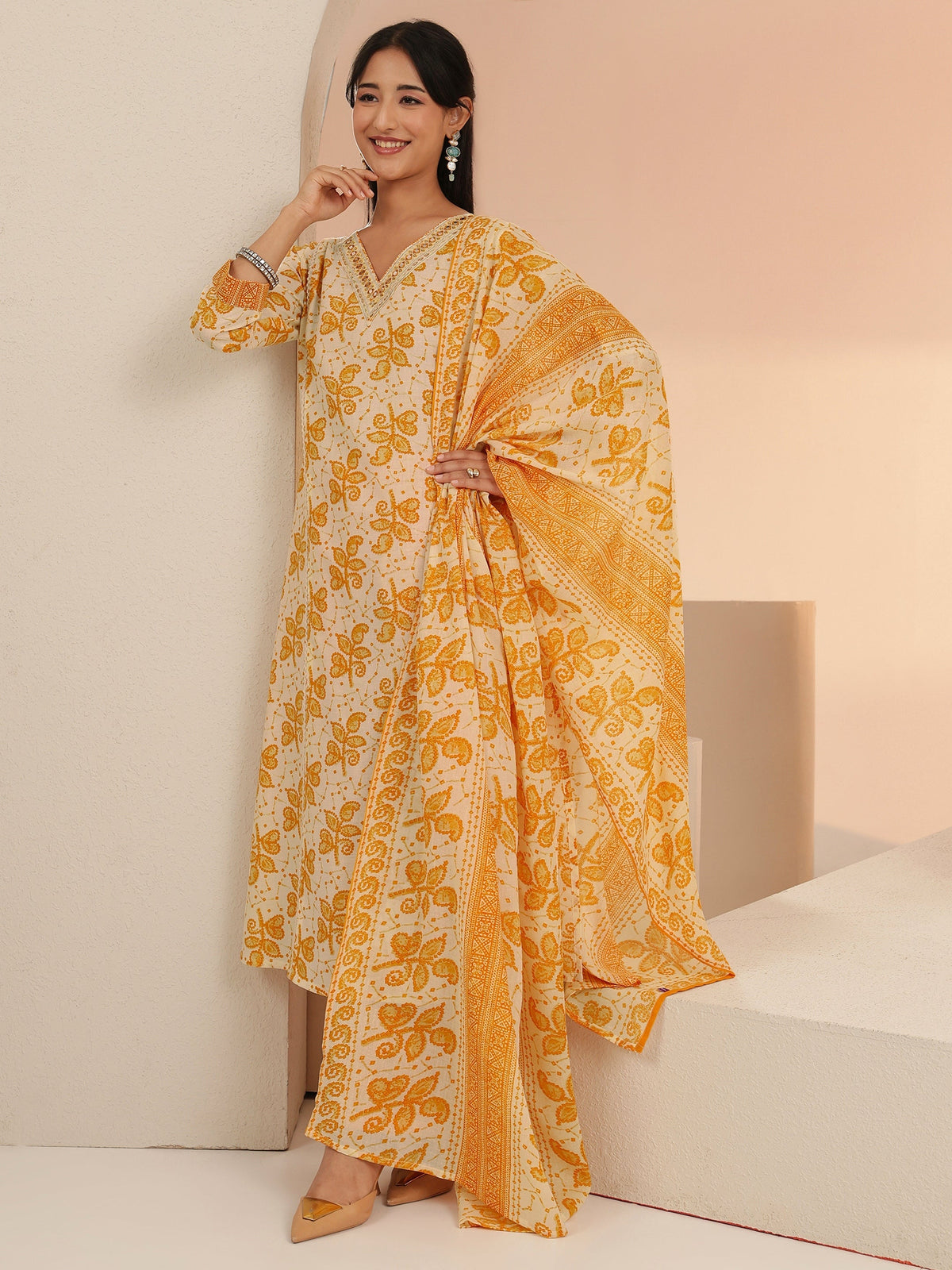 Anouk Off White Floral Printed Cotton Straight Suit Set