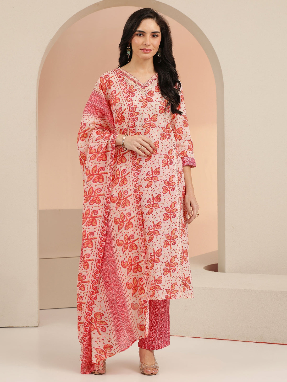 Anouk Off White Floral Printed Cotton Straight Suit Set