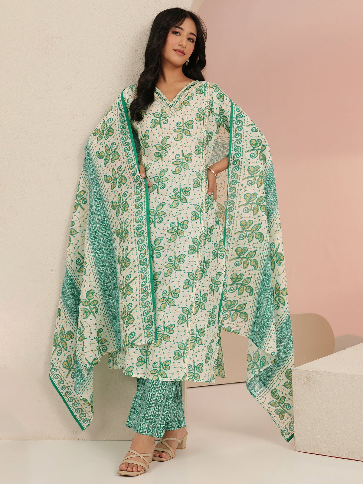 Anouk Off White Floral Printed Cotton Straight Suit Set
