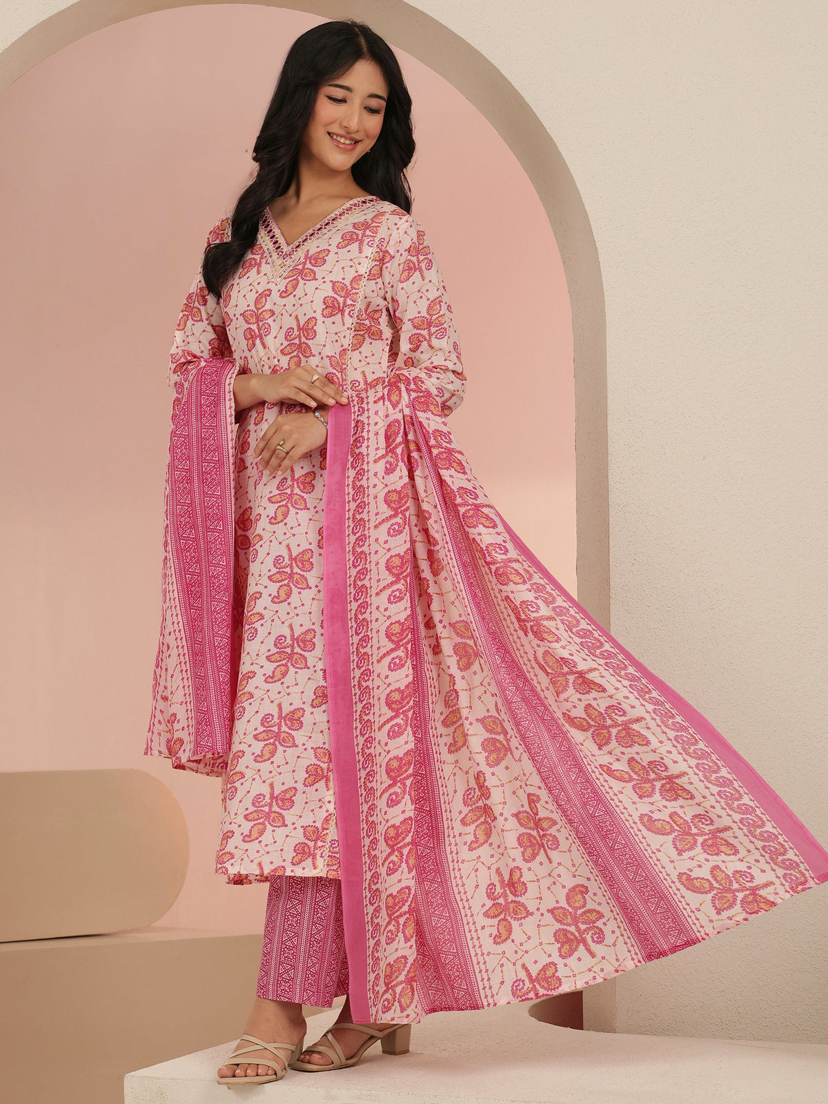 Anouk Off White Floral Printed Cotton Straight Suit Set