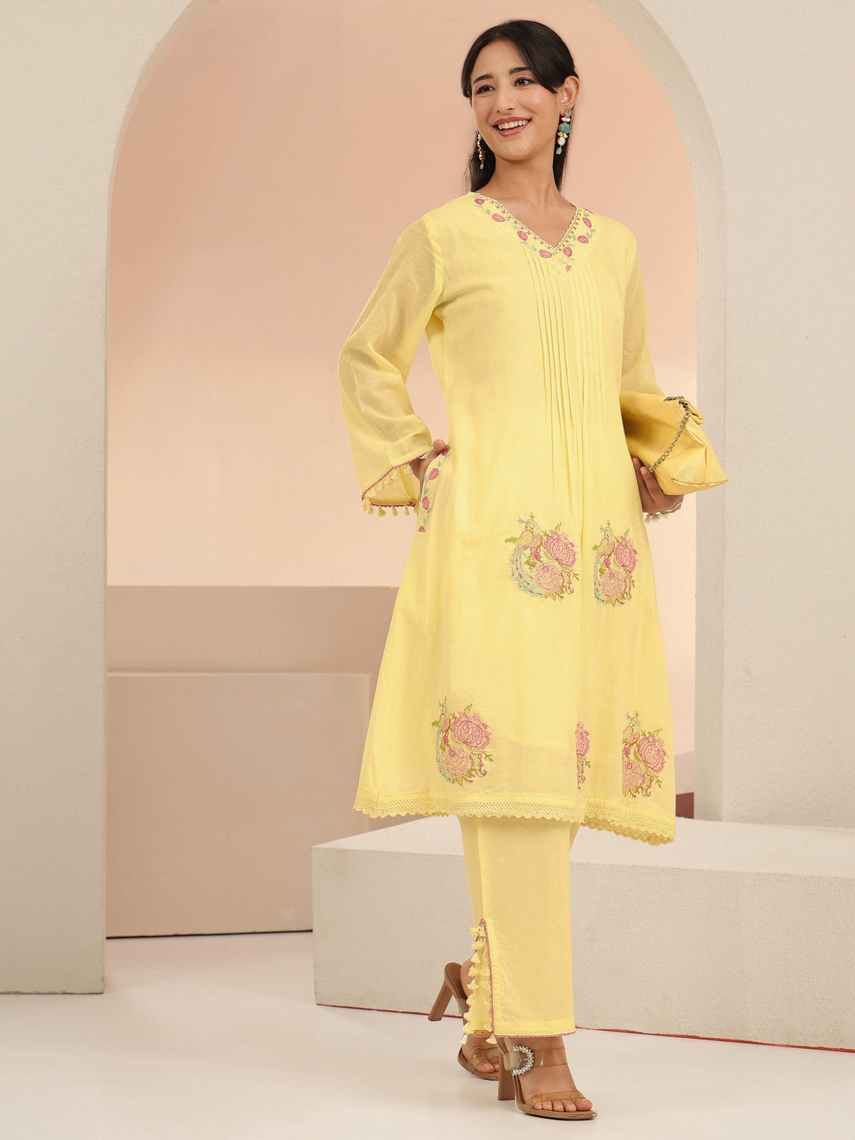 Anouk Off White Peacock Motif Cotton A-Line Kurta Set
