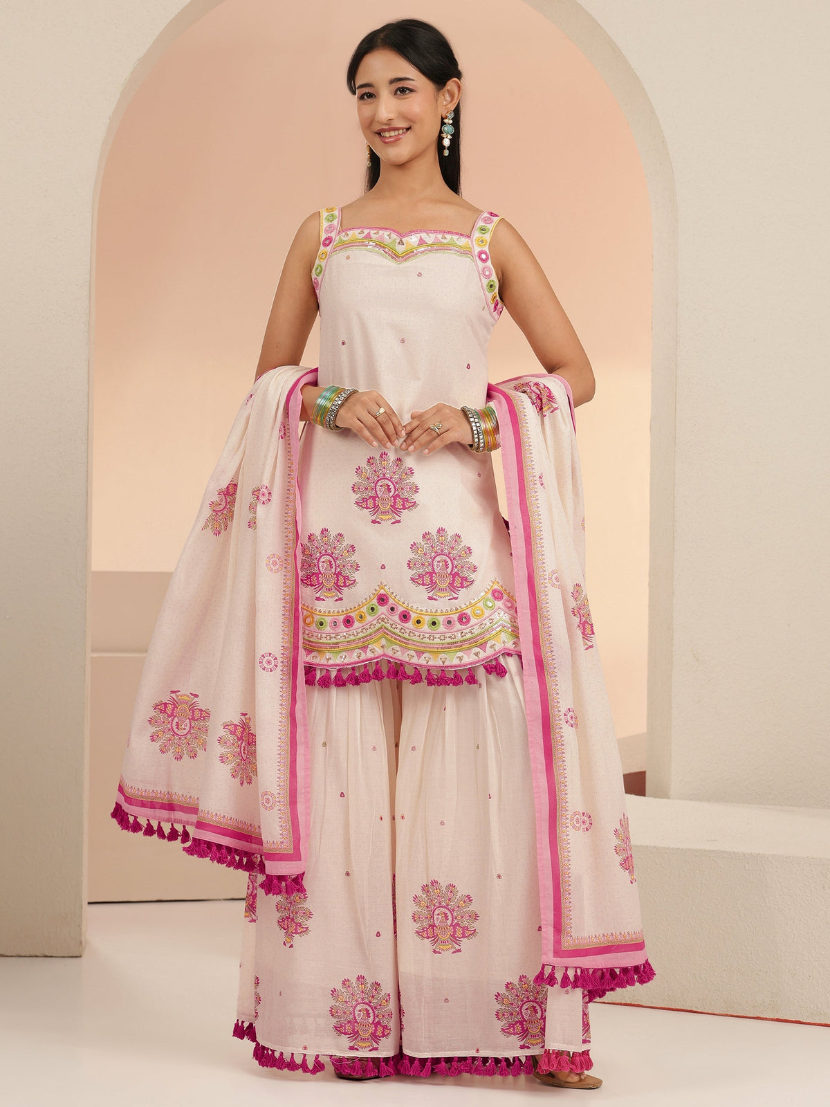 Anouk Off White Printed Cotton Sharara Suit Set with Tassel Details